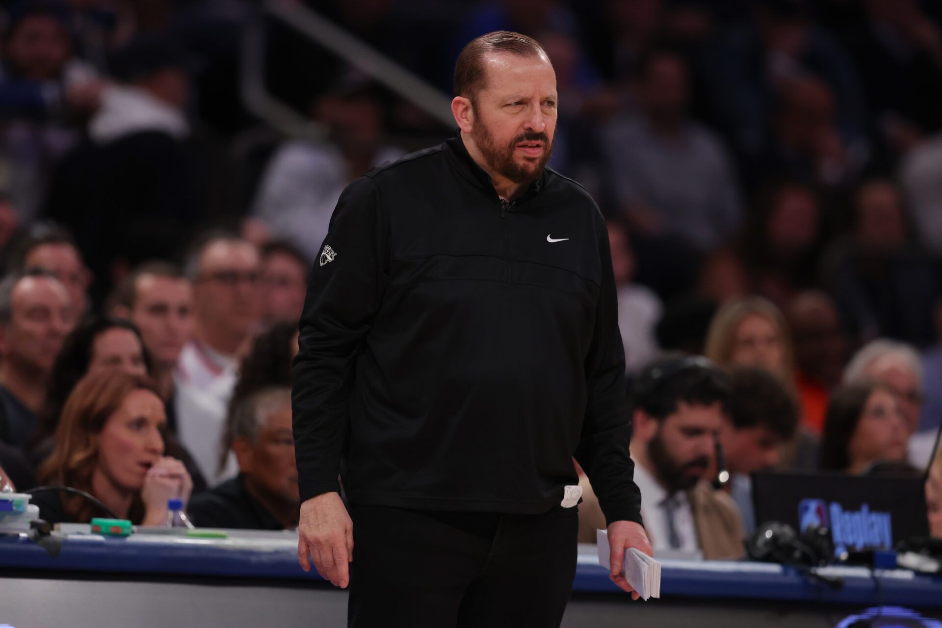 New York Knicks head coach Tom Thibodeau looks on in the third quarter against the Indiana Pacers during game one of the eastern conference finals for the 2025 NBA Playoffs at Madison Square Garden.