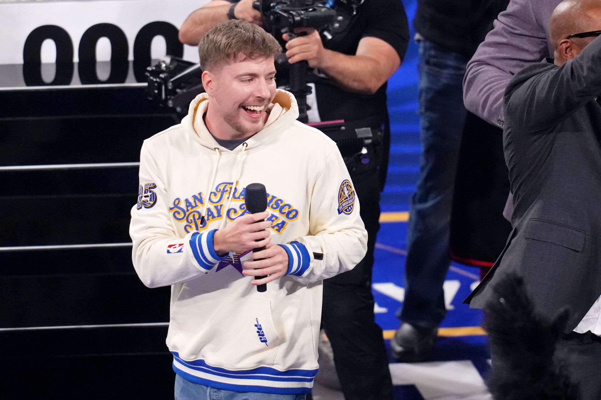 MrBeast celebrates during an activity during the 2025 NBA All Star Game at Chase Center.