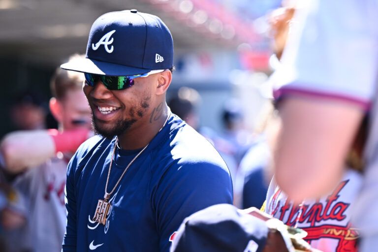 Atlanta Braves outfielder Ronald Acuña Jr. (13) in the dugout against the Los Angeles Angels during the ninth inning at Angel Stadium.