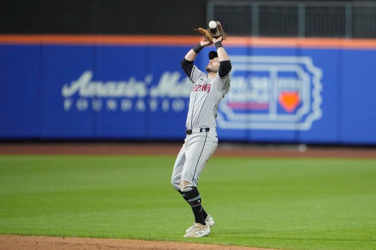 Arizona Diamondbacks shortstop Garrett Hampson (8) catches fly ball hit by New York Mets designated hitter Starling Marte (6) (not pictured) during the sixth inning at Citi Field.