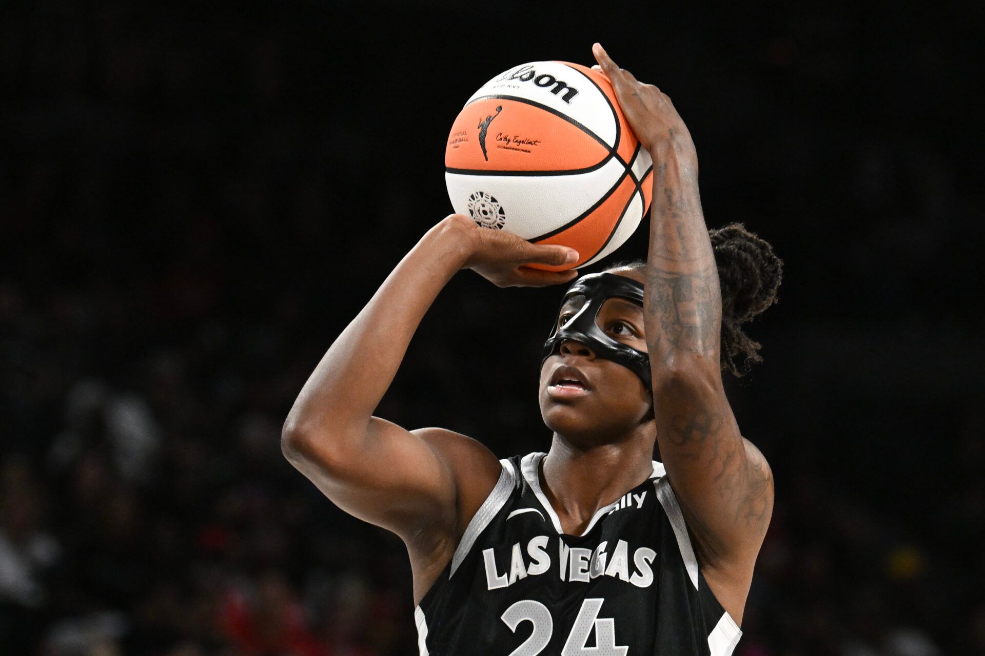 Las Vegas Aces guard Jewell Loyd (24) shoots a foul shot against the Washington Mystics in the second quarter of the game at Michelob Ultra Arena.