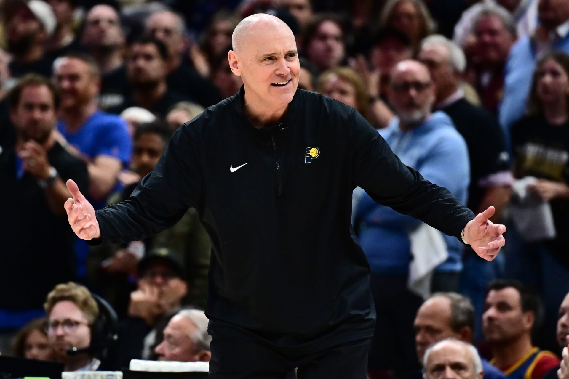 Indiana Pacers head coach Rick Carlisle reacts during the second half against the Cleveland Cavaliers in game five of the second round for the 2025 NBA Playoffs at Rocket Arena.