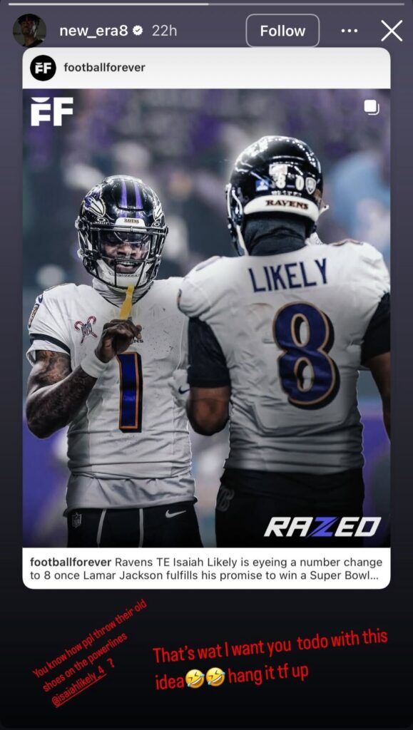 Instagram Story from Lamar Jackson's account @new_era8 on May 23, 2025.