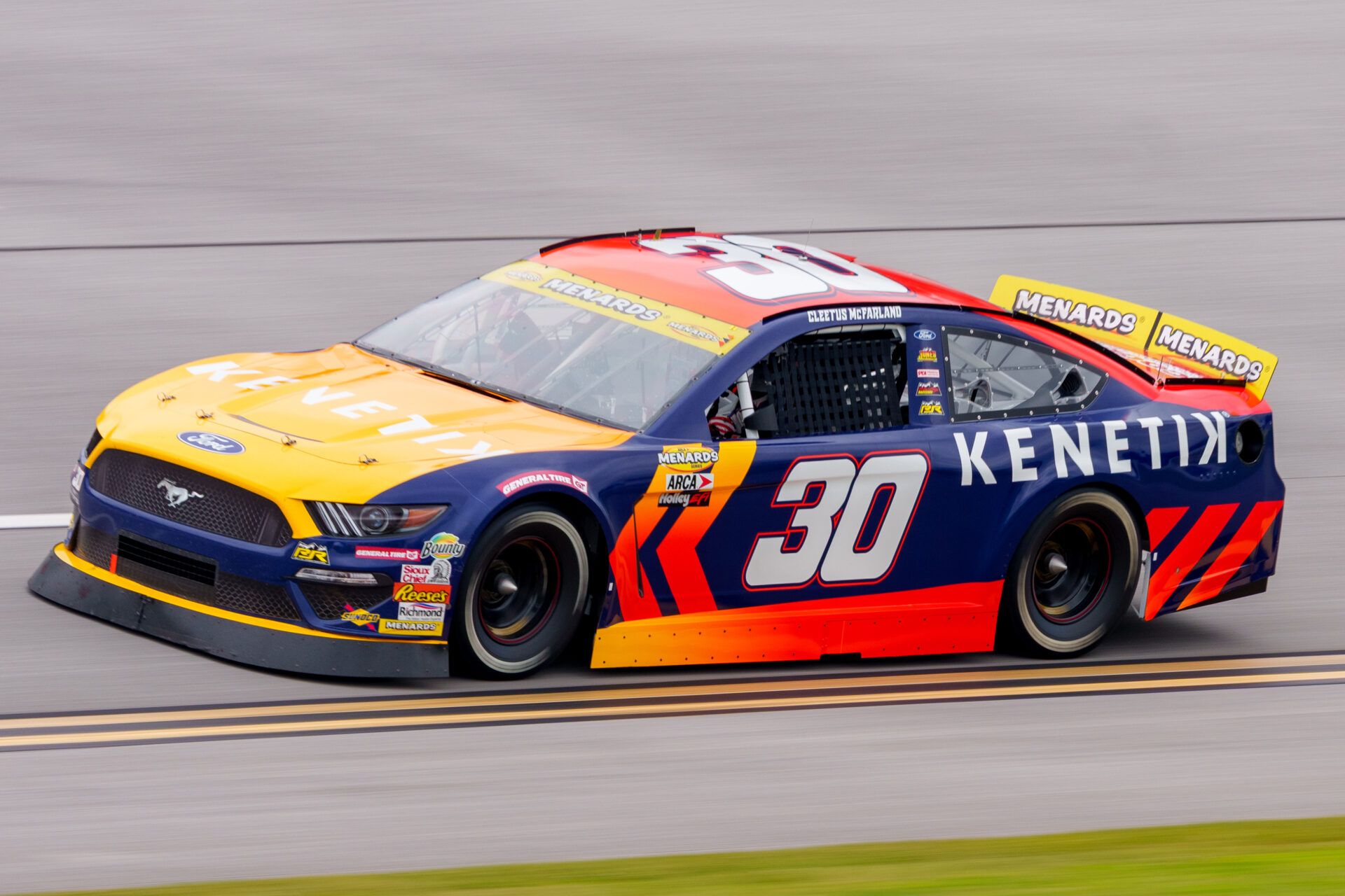ARCA Series driver Cleetus McFarland (30) comes out of turn four during the General Tire 200 at Talladega Superspeedway.