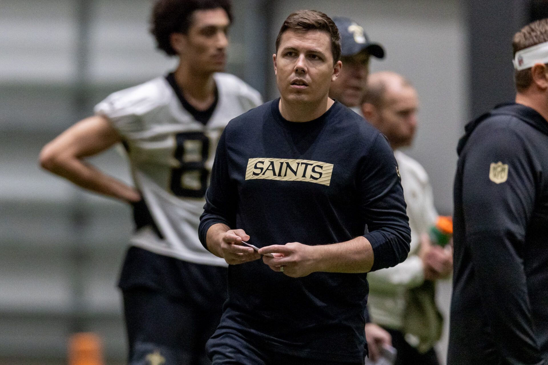 New Orleans Saints head coach Kellen Moore during rookie minicamp at Ochsner Sports Performance Center.