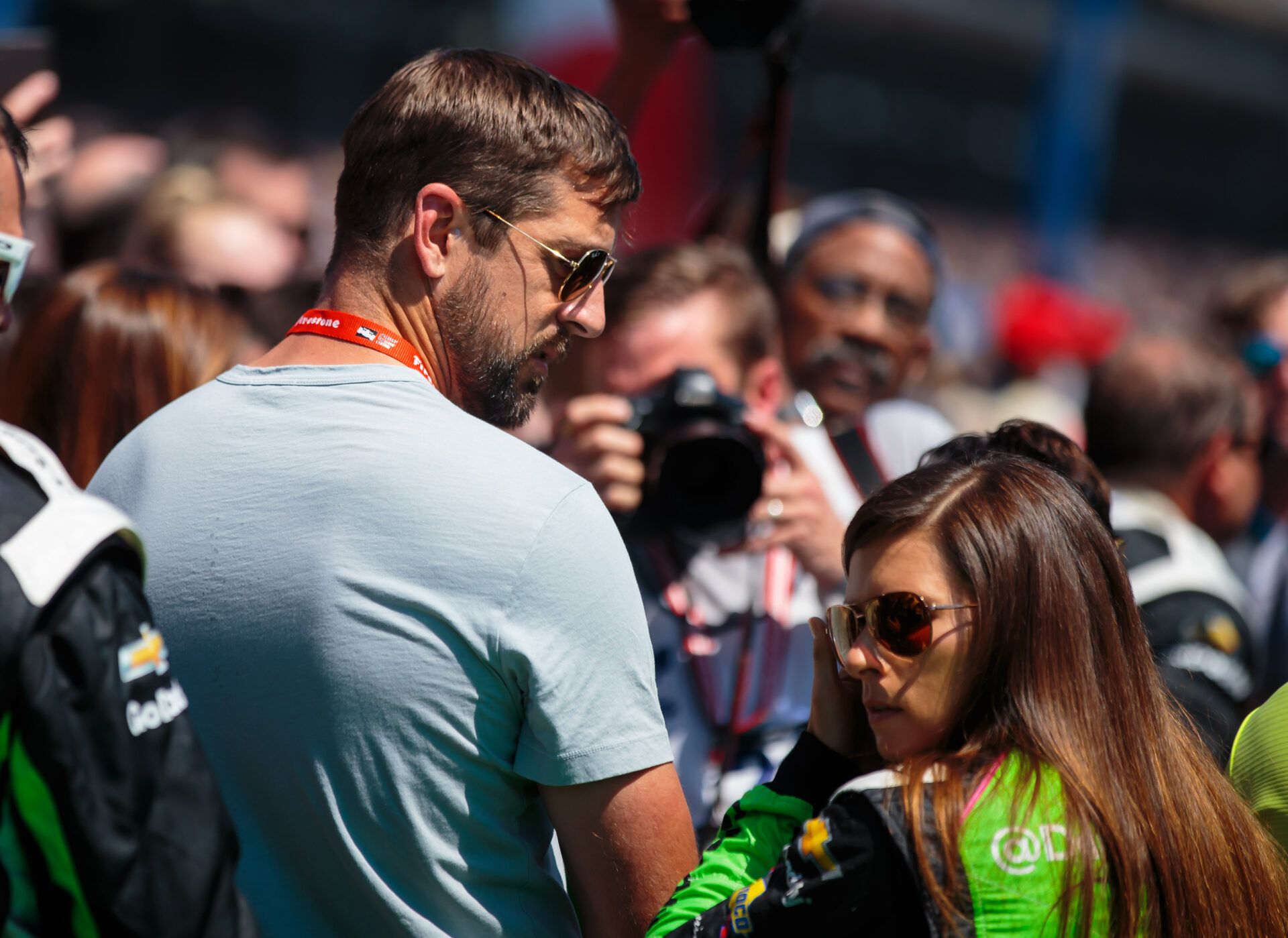 IndyCar Series driver Danica Patrick (right) with boyfriend Green Bay Packers quarterback Aaron Rodgers prior to the 102nd Running of the Indianapolis 500 at Indianapolis Motor Speedway.