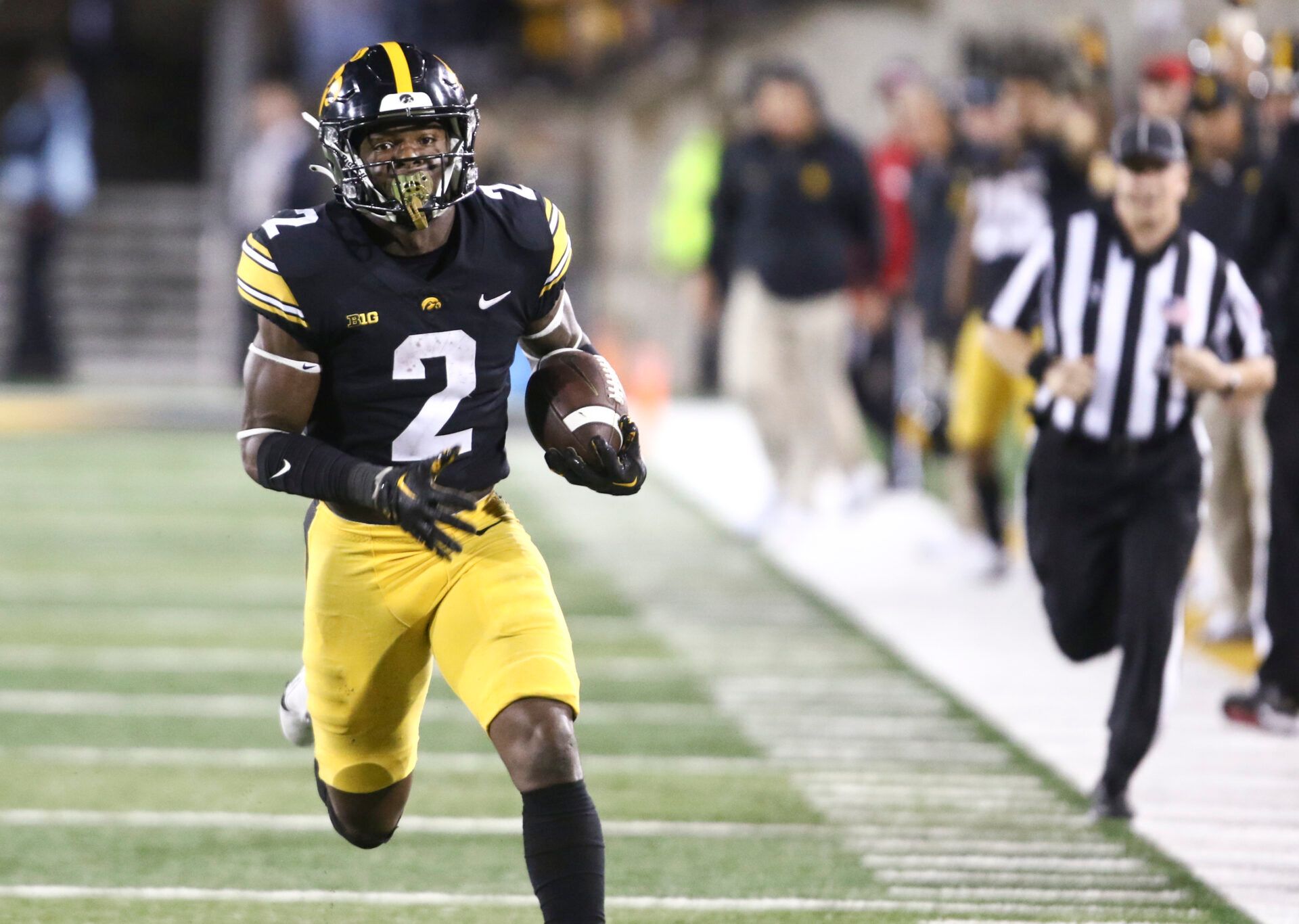 IOWA CITY, IOWA- SEPTEMBER 17:  Running back Kaleb Johnson #2 of the Iowa Hawkeyes runs up the field for a touchdown in the second half against the Nevada Wolf Pack at Kinnick Stadium, on September 18, 2022 in Iowa City, Iowa.  (Photo by Matthew Holst/Getty Images)