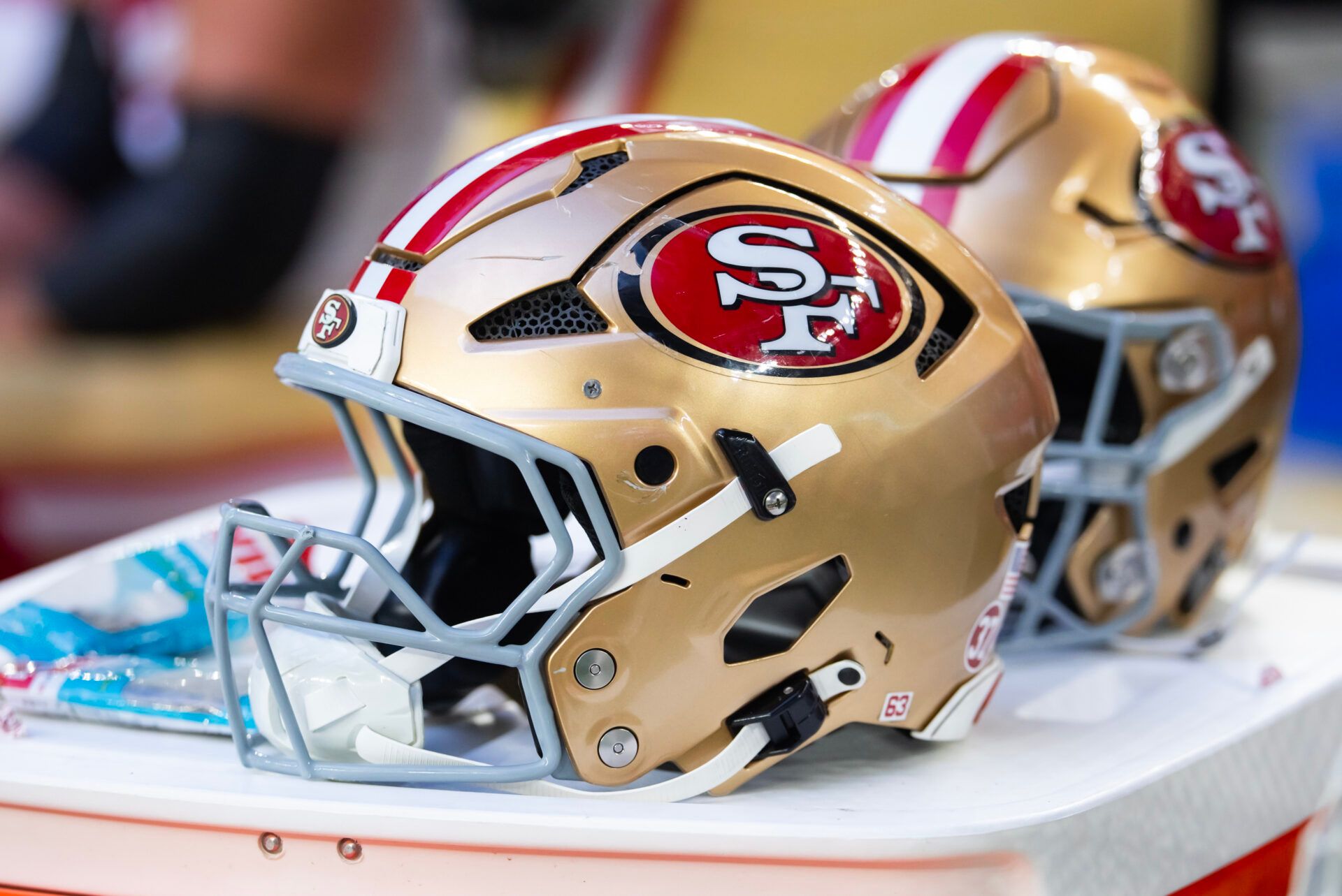 Detailed view of a San Francisco 49ers helmet at State Farm Stadium.