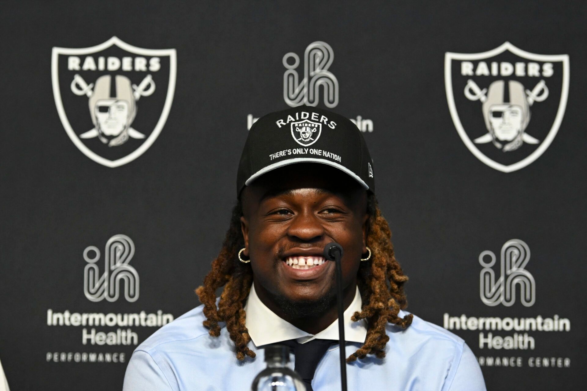 Las Vegas Raiders first round draft pick in the 2025 NFL Draft Ashton Jeanty, speaks to the media at Intermountain Health Performance Center.