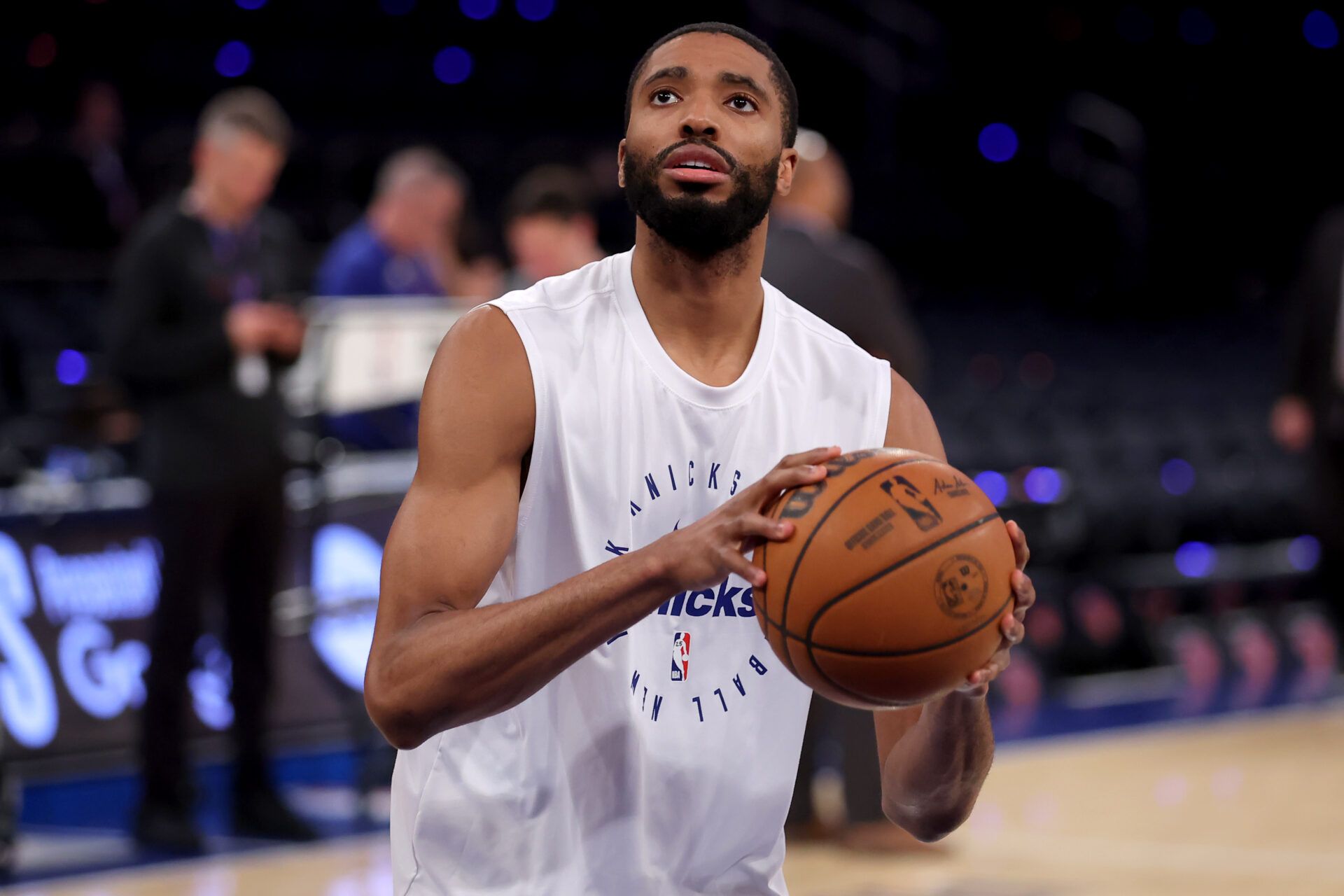 New York Knicks forward Mikal Bridges (25) warms up before game six in the second round of the 2025 NBA Playoffs against the Boston Celtics at Madison Square Garden.