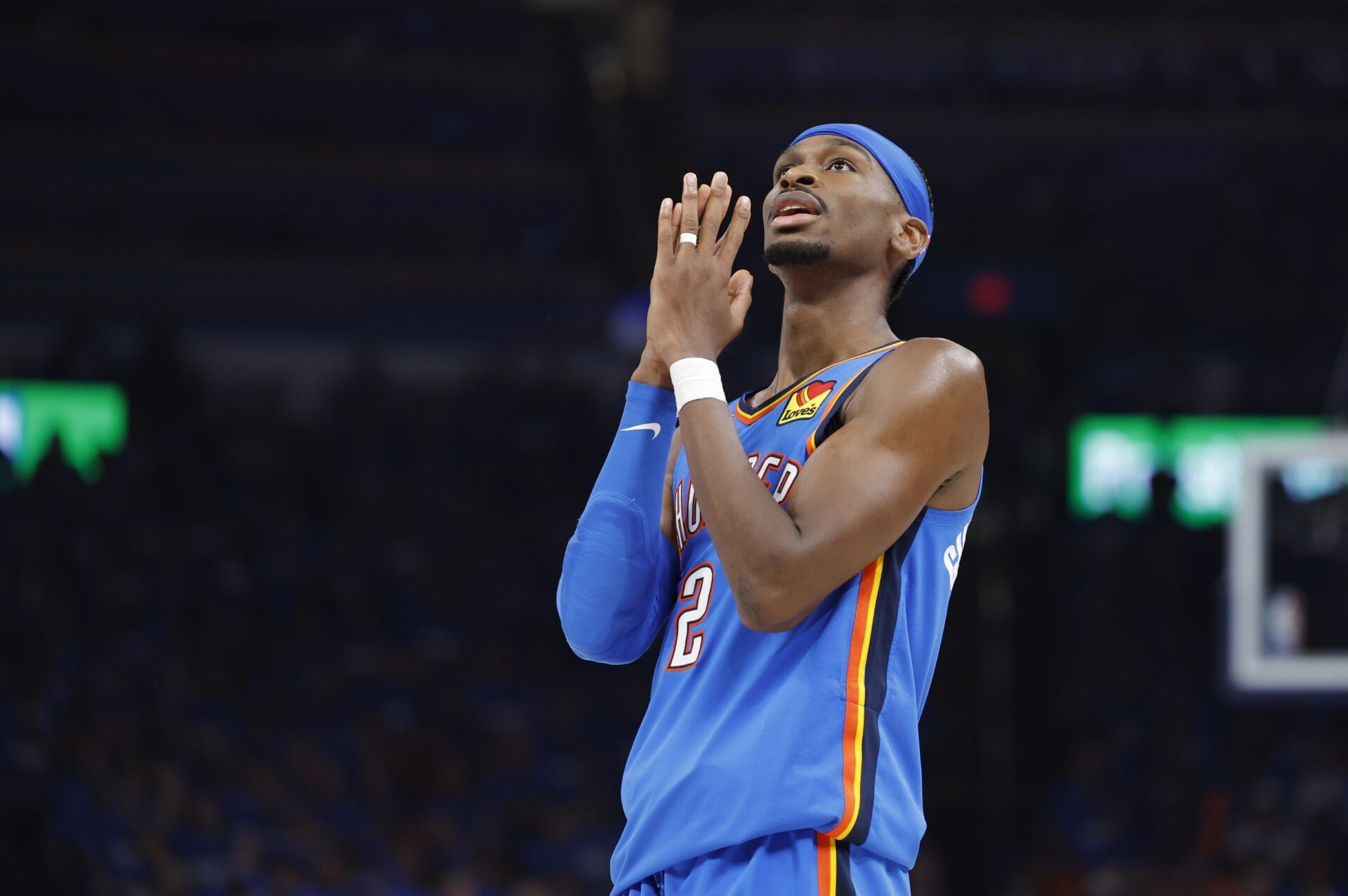 Oklahoma City Thunder guard Shai Gilgeous-Alexander (2) reacts after a play against the Minnesota Timberwolves in the third quarter during game two of the western conference finals for the 2025 NBA Playoffs at Paycom Center.