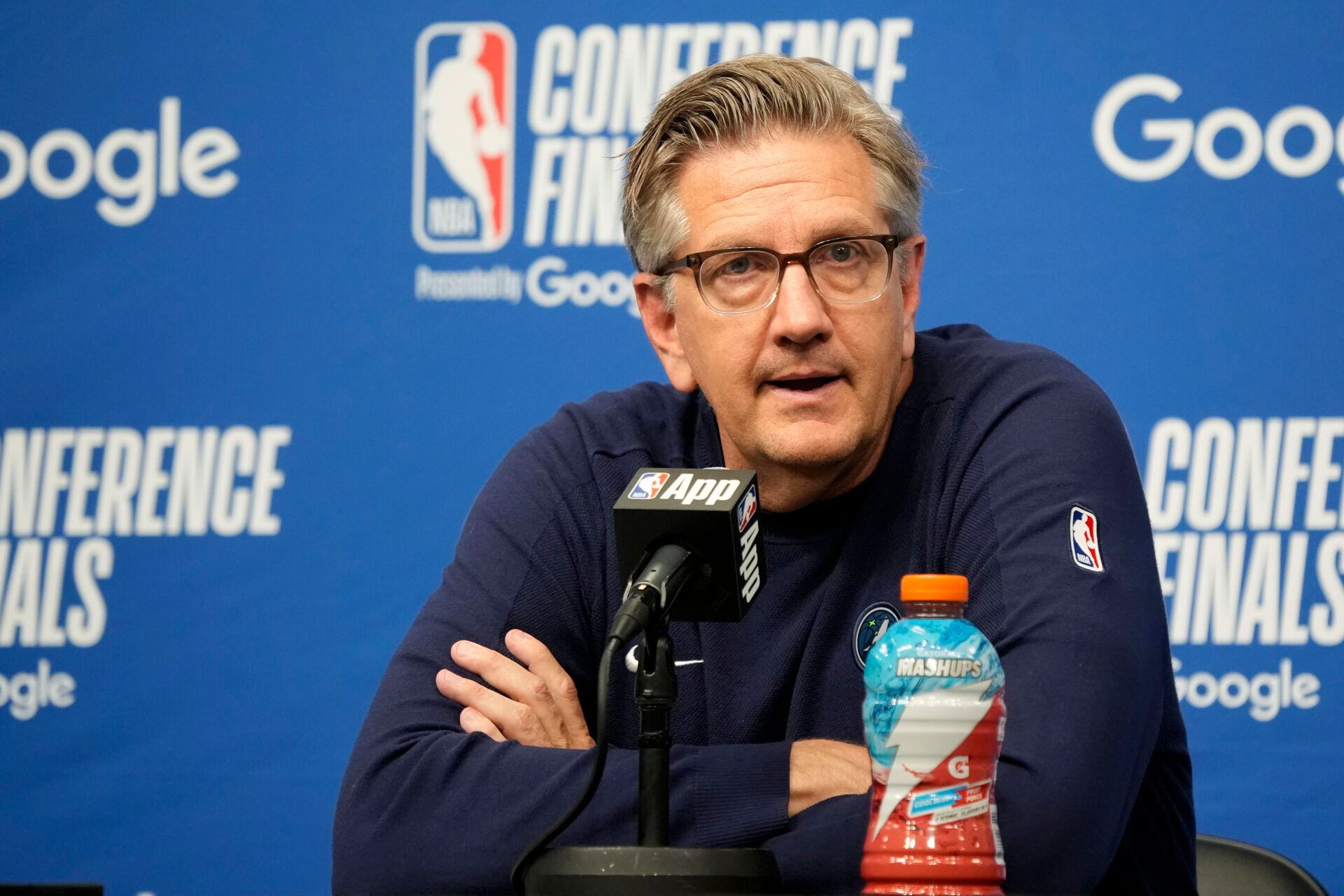 Minnesota Timberwolves head coach Chris Finch talks to the media after the game against the Oklahoma City Thunder after game three of the western conference finals for the 2025 NBA Playoffs at Target Center.