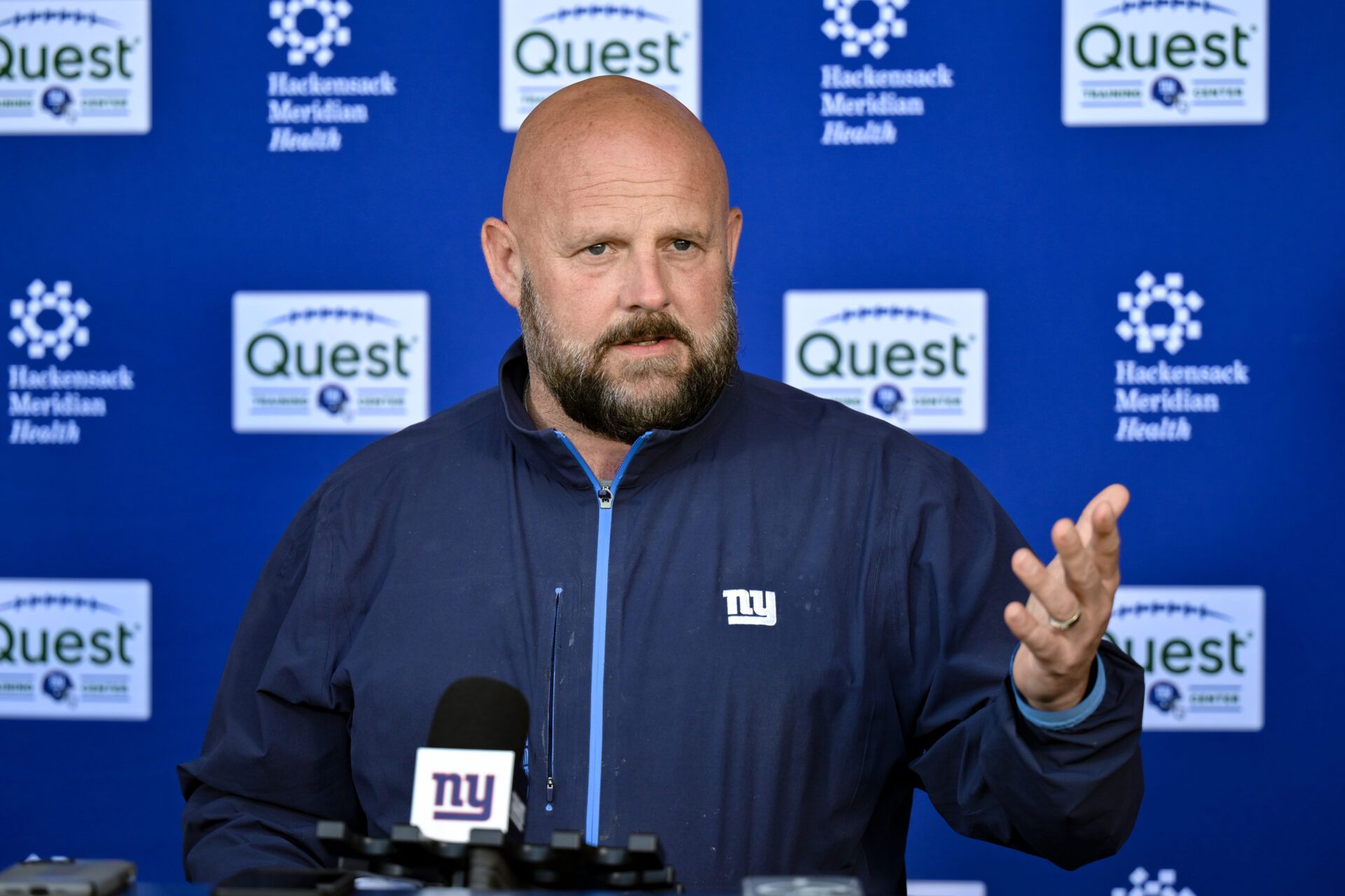 New York Giants head coach Brian Daboll speaks during a press conference before rookie minicamp at Quest Diagnostics Training Center.