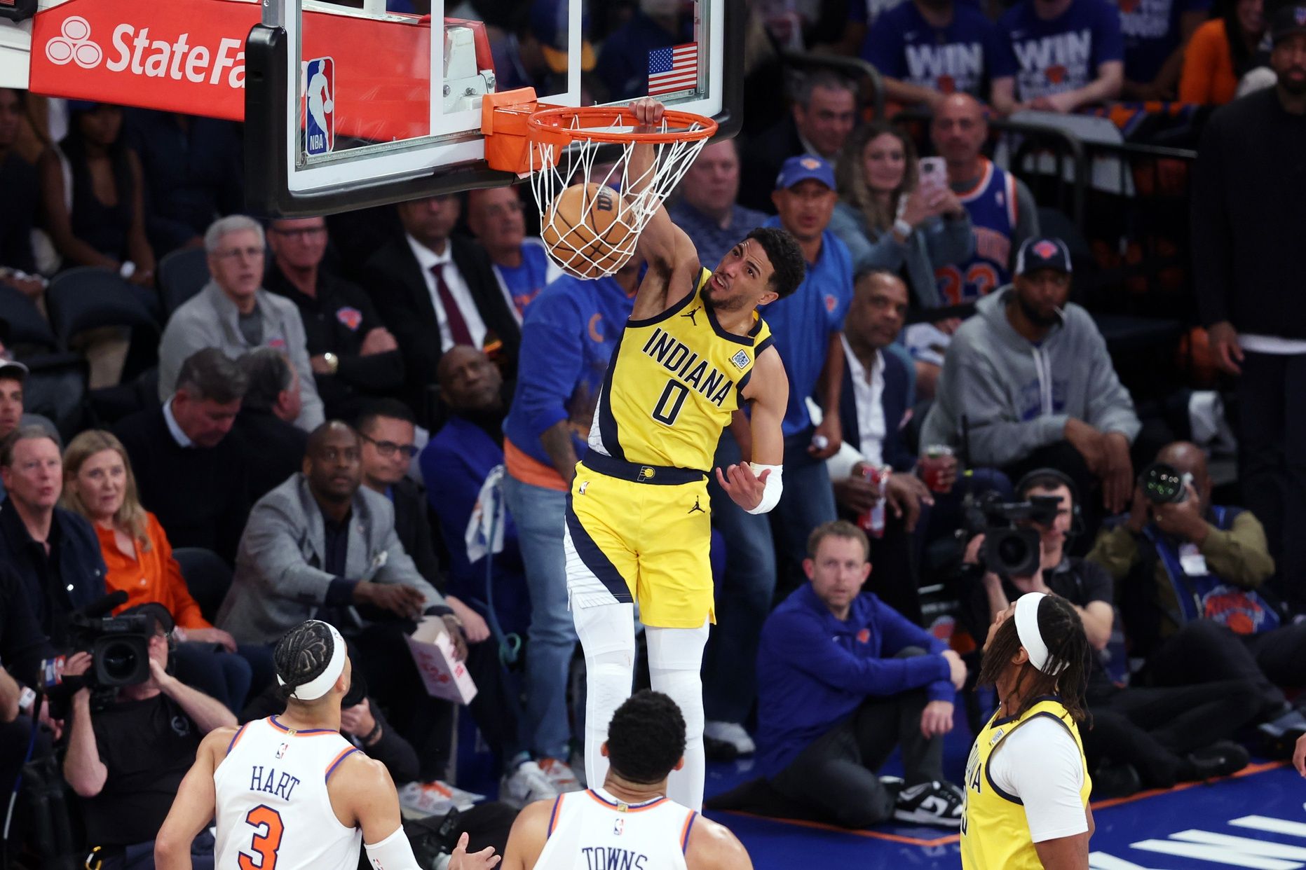 Indiana Pacers guard Tyrese Haliburton (0) shoots against the New York Knicks in the third quarter during game two of the eastern conference finals for the 2025 NBA Playoffs at Madison Square Garden.