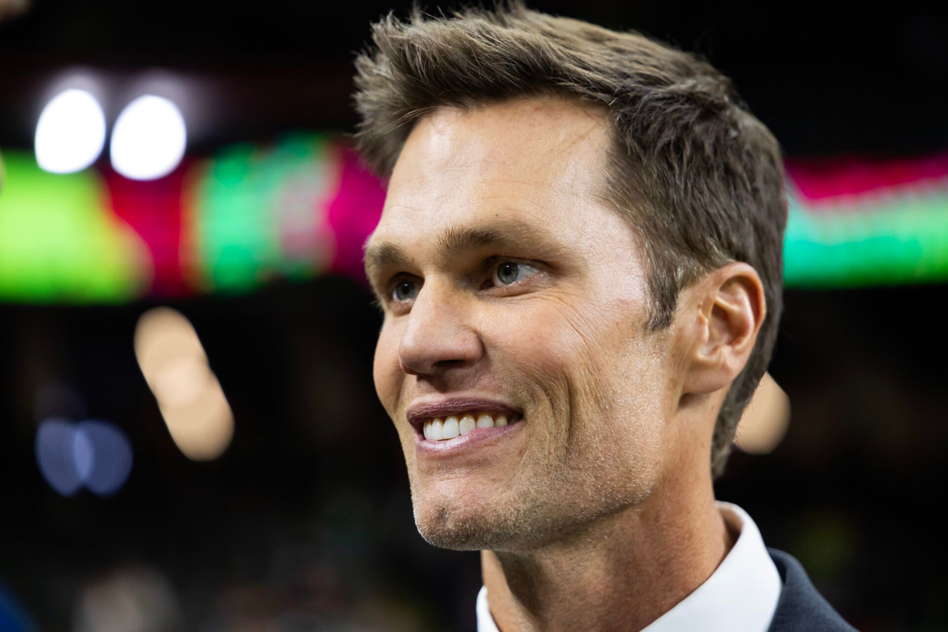 Fox Sports announcer Tom Brady on the field before Super Bowl LIX between the Philadelphia Eagles and the Kansas City Chiefs at Ceasars Superdome.