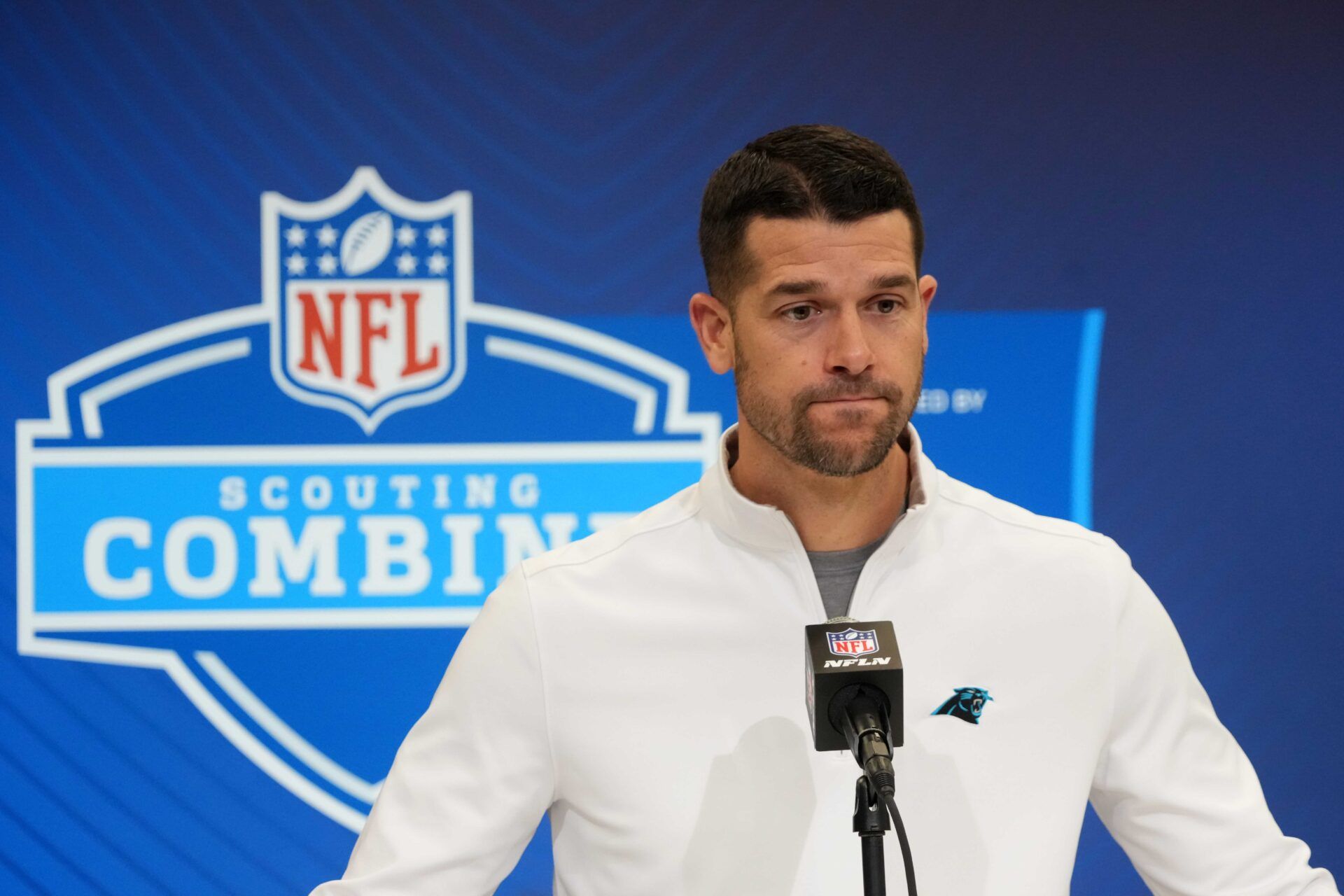 Carolina Panthers coach Dave Canales speaks during the NFL Scouting Combine at the Indiana Convention Center.