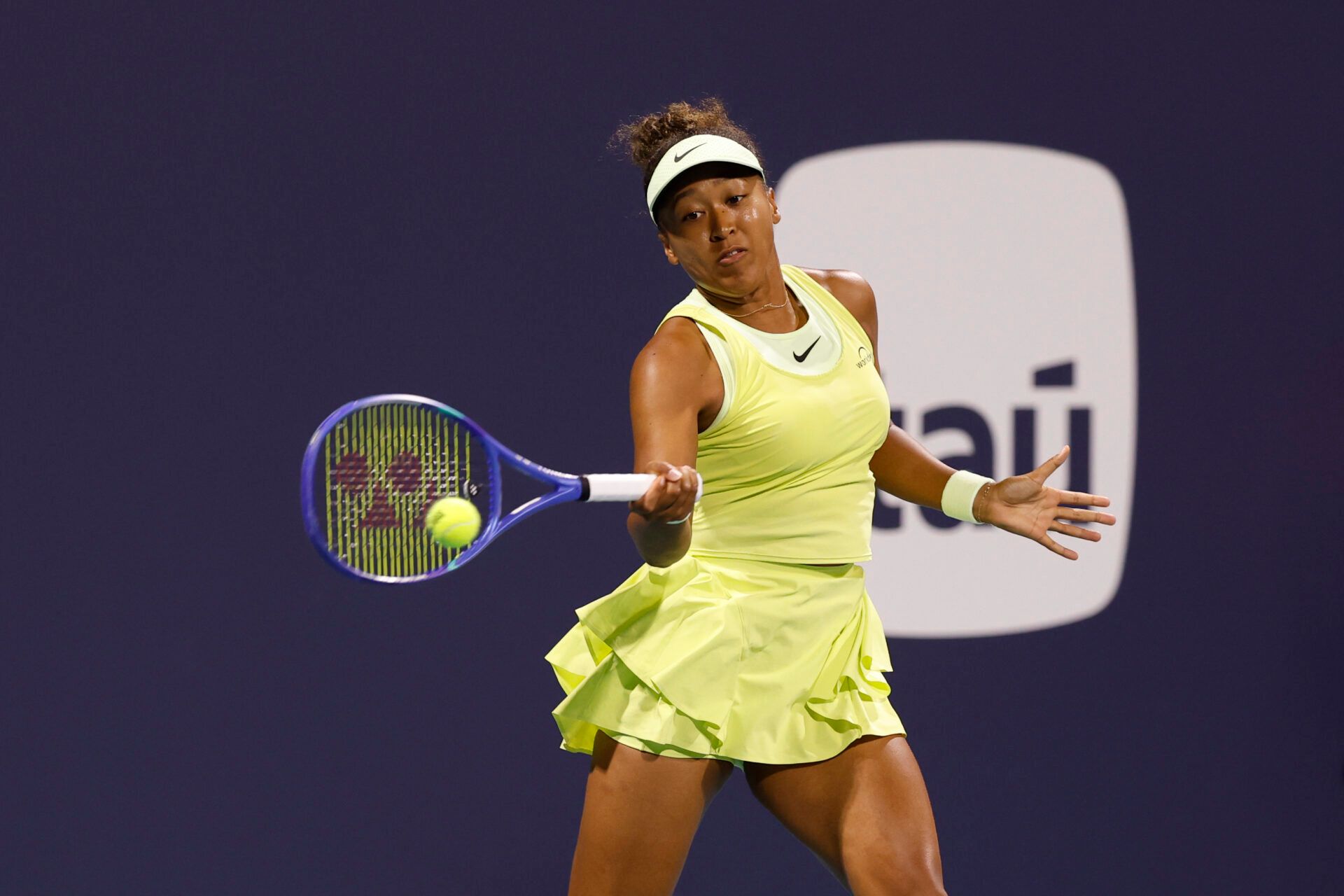 Naomi Osaka (JPN) hits a forehand against Liudmila Samsonova (not pictured) on day three of the Miami Open at Hard Rock Stadium.