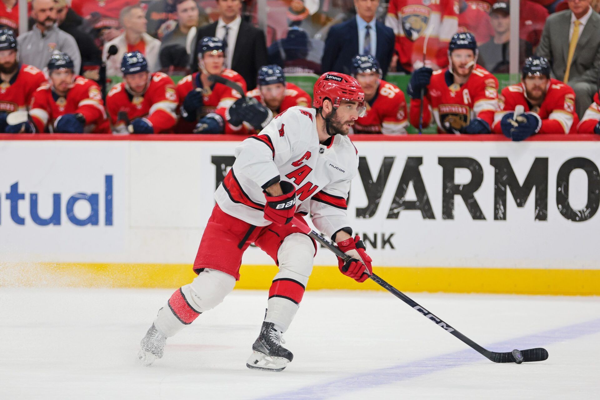 Carolina Hurricanes center Seth Jarvis (24) goes for there puck during the first period against the Florida Panthers in game three of the Eastern Conference Final of the 2025 Stanley Cup Playoffs at Amerant Bank Arena.
