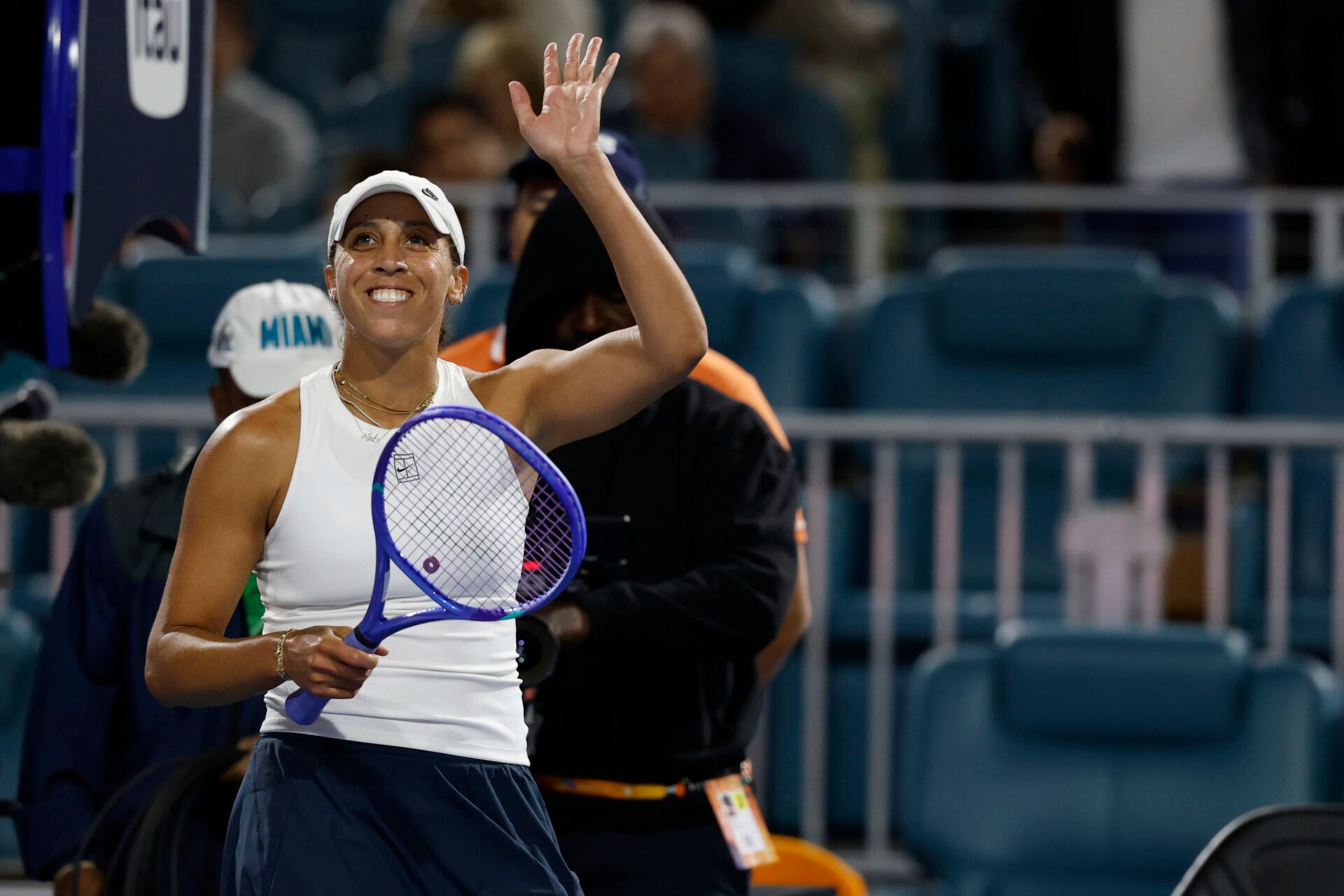 Madison Keys (USA) waves to the crowd after her match against Elina Avanesyan (ARM)(not pictured) on day four of the Miami Open at Hard Rock Stadium.