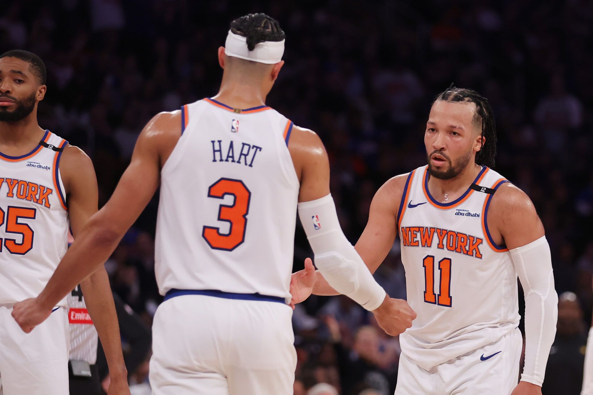 New York Knicks guard Jalen Brunson (11) and guard Josh Hart (3) react in the third quarter against the Indiana Pacers during game one of the eastern conference finals for the 2025 NBA Playoffs at Madison Square Garden.
