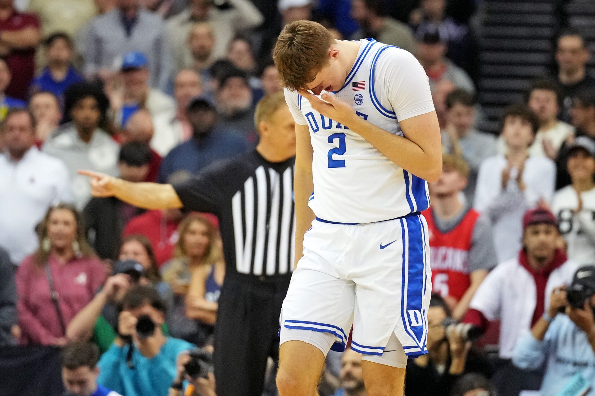 Duke Blue Devils forward Cooper Flagg (2) reacts after being hit in the head during the first half against the Alabama Crimson Tide in the East Regional final of the 2025 NCAA tournament at Prudential Center.