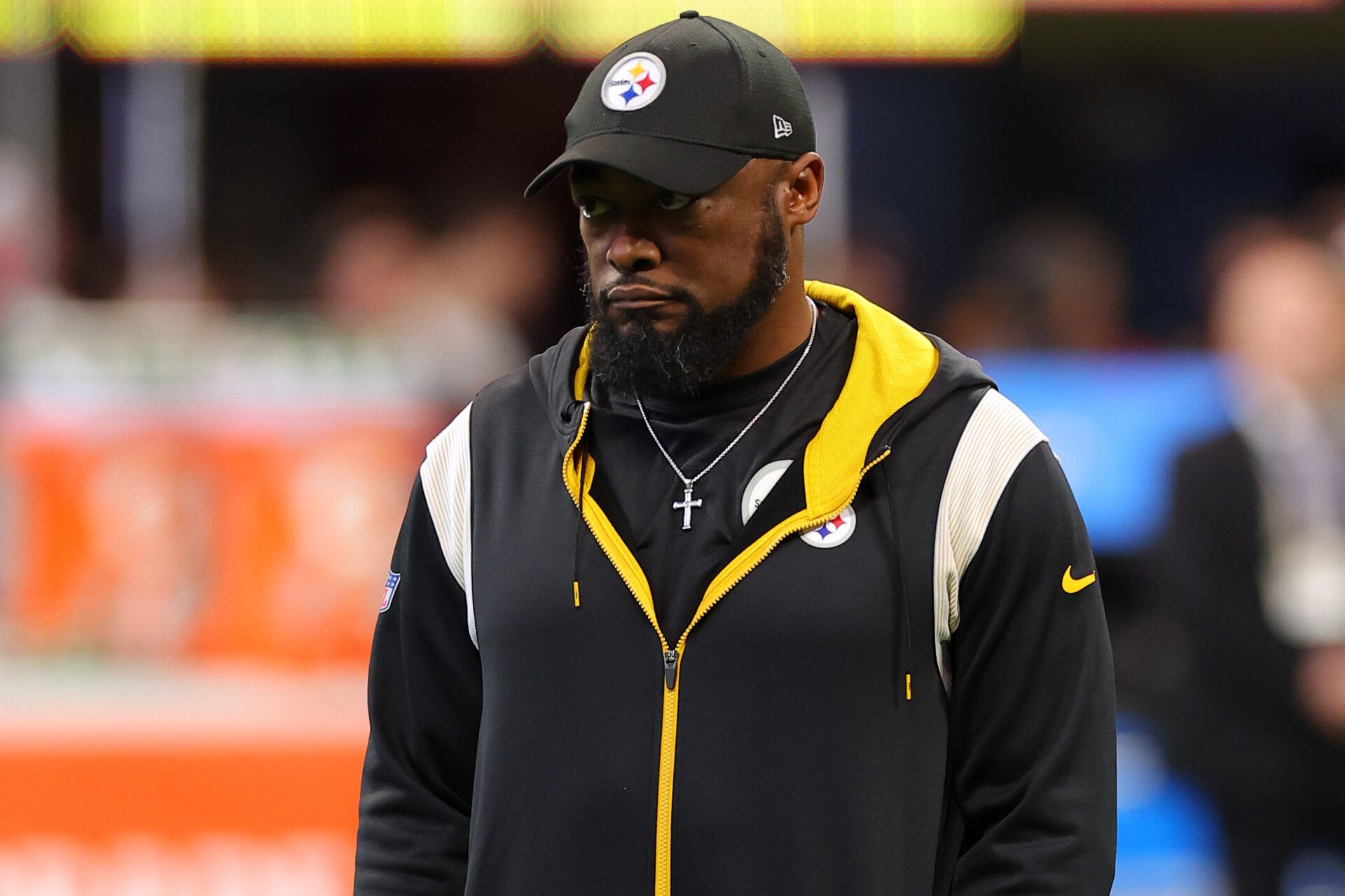 ATLANTA, GEORGIA - DECEMBER 04: Head coach Mike Tomlin of the Pittsburgh Steelers looks on prior to a game against the Atlanta Falcons at Mercedes-Benz Stadium on December 04, 2022 in Atlanta, Georgia. (Photo by Kevin C. Cox/Getty Images)