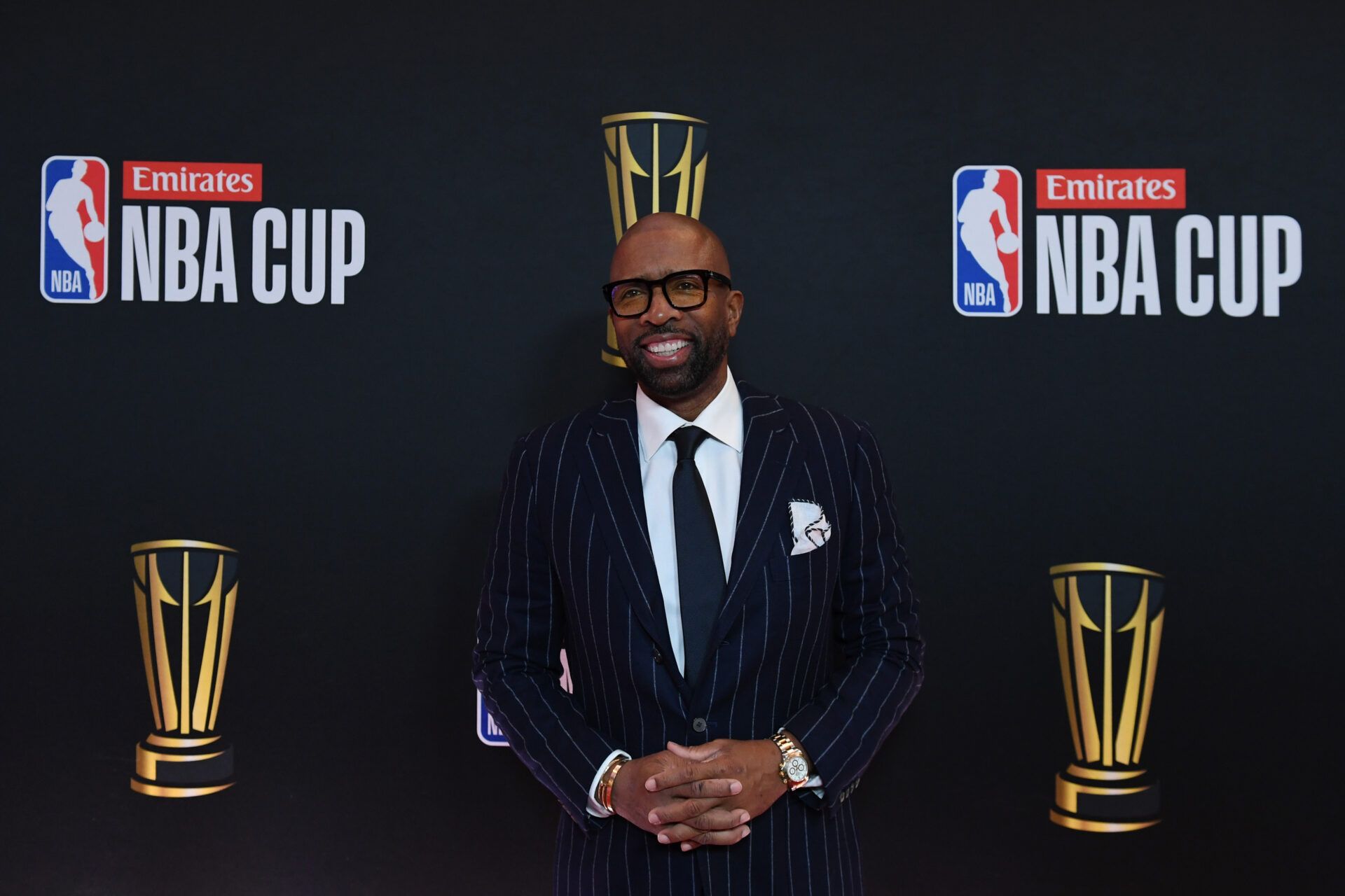 Kenny Smith arrives on the red carpet before the Emirates NBA Cup semifinal game at T-Mobile Arena.