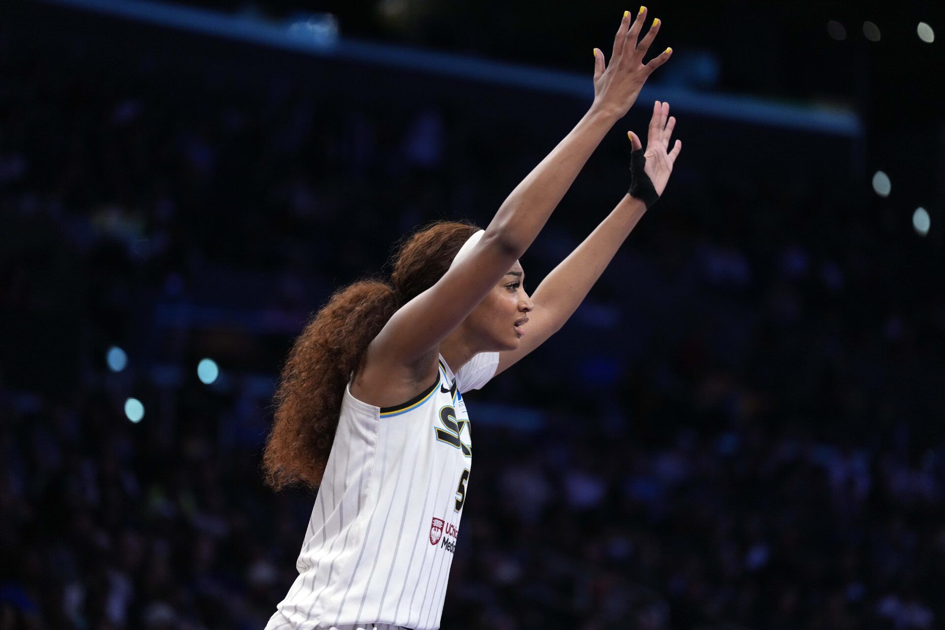 Chicago Sky forward Angel Reese (5) reacts in the first half against the LA Sparks at Crypto.com Arena.