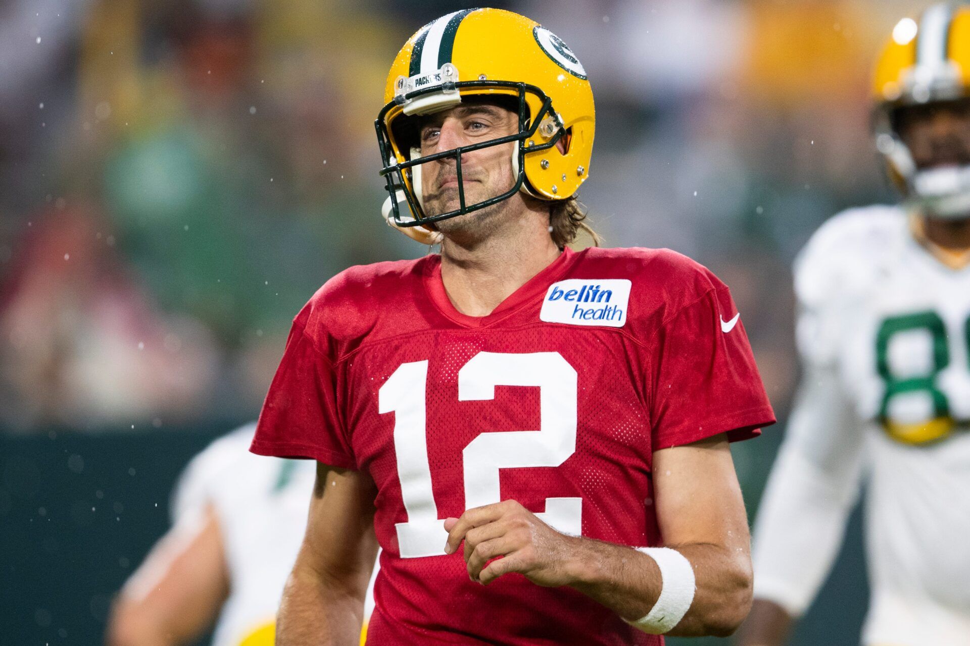 Green Bay Packers quarterback Aaron Rodgers (12) smiles at the fans during Packers Family Night at Lambeau Field, Saturday, Aug. 7, 2021, in Green Bay, Wis. Samantha Madar/USA TODAY NETWORK-Wisconsin

Gpg Packersfamilynight 08072021 0019