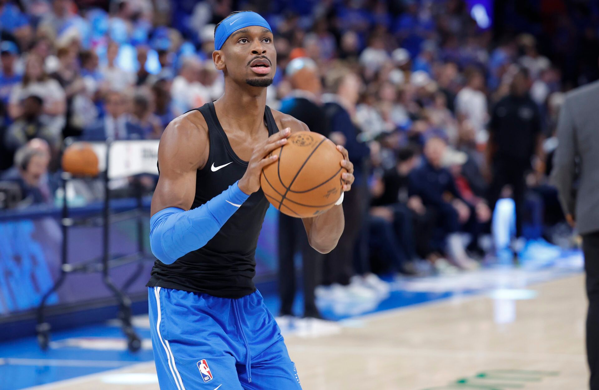 Oklahoma City Thunder guard Shai Gilgeous-Alexander (2) warms up before the start of game two of the western conference finals for the 2025 NBA Playoffs against the Minnesota Timberwolves at Paycom Center.