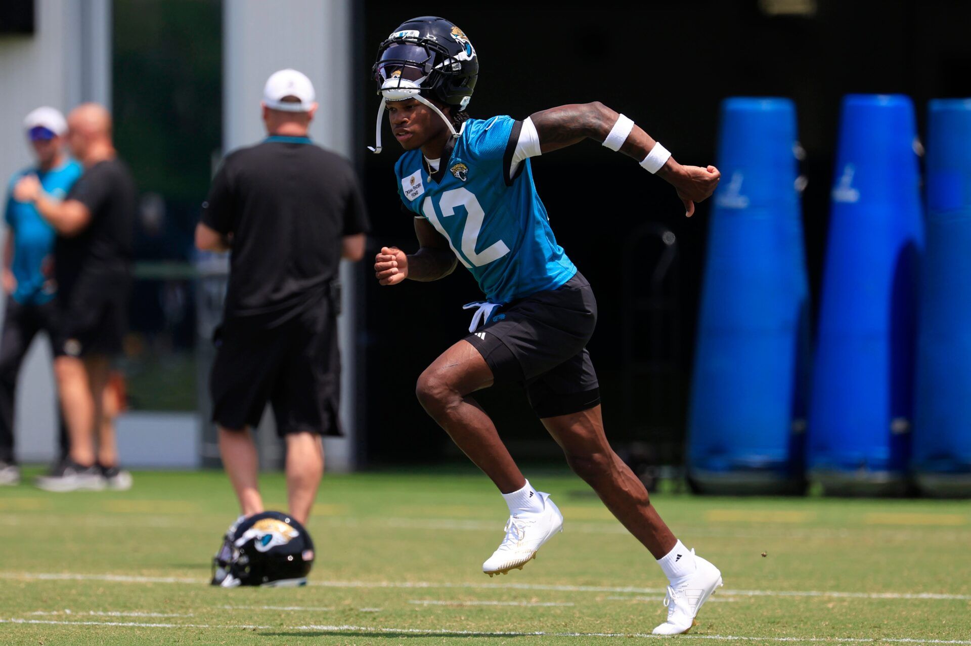 Jacksonville Jaguars wide receiver Travis Hunter (12) runs a route during the first organized team activity at Miller Electric Center Monday, May 19, 2025 in Jacksonville, Fla.