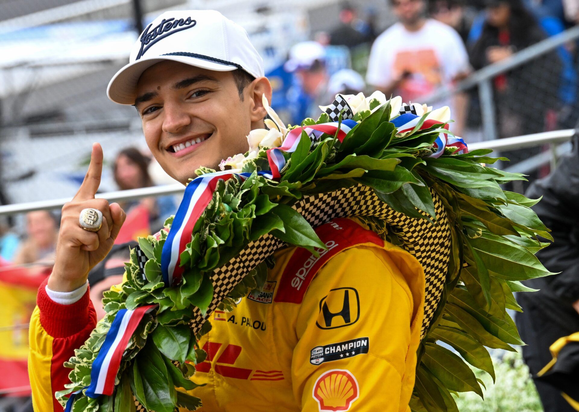 Chip Ganassi Racing driver Alex Palou (10) experiences a moment of joy after winning the 109th running of the Indianapolis 500 on Sunday afternoon May 25, 2025, at Indianapolis Motor Speedway.