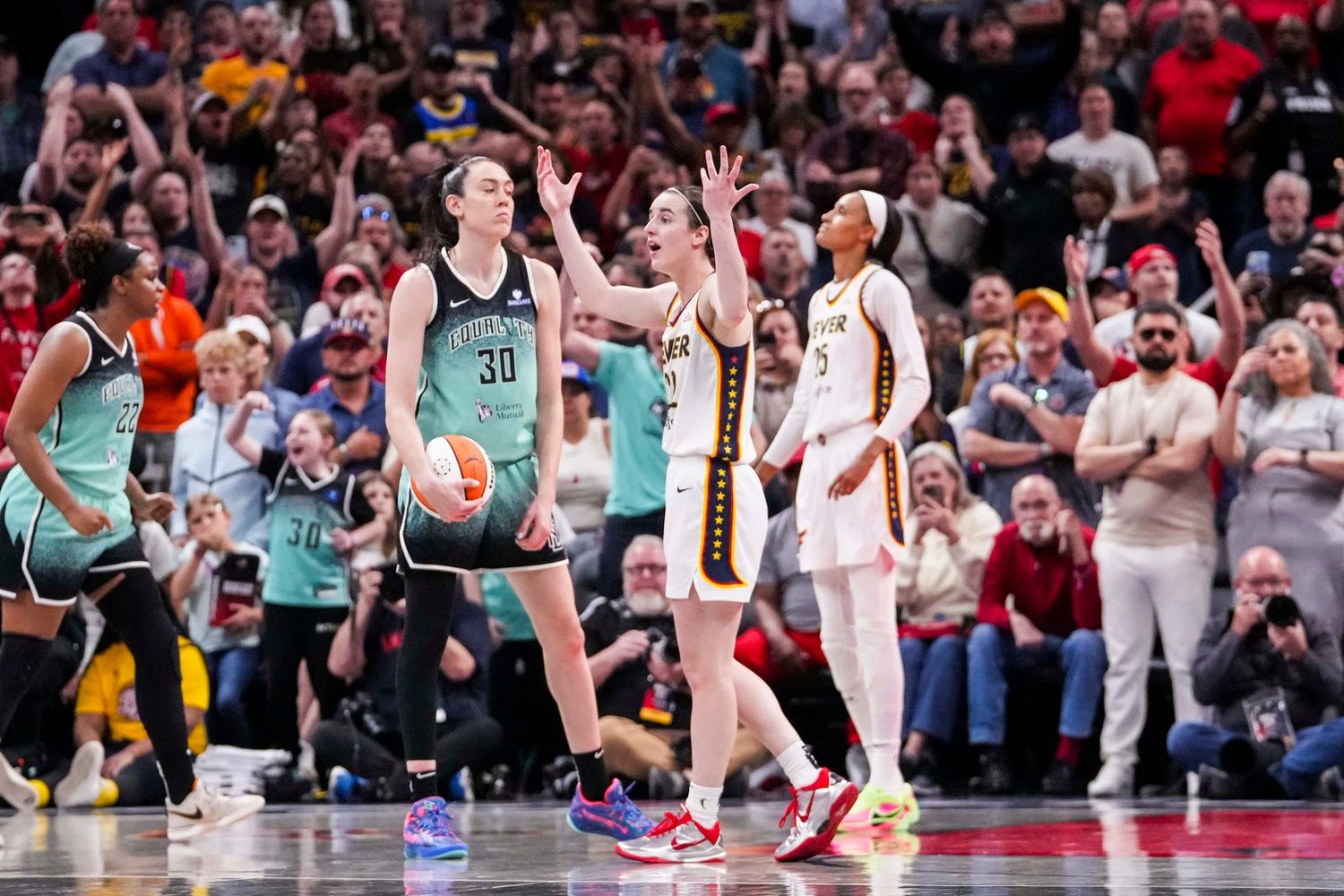 Indiana Fever guard Caitlin Clark (22) reacts to the last play of the game Saturday, May 24, 2025, during a game between the Indiana Fever and the New York Liberty at Gainbridge Fieldhouse in Indianapolis. The New York Liberty defeated the Indiana Fever, 90-88.

© Grace Smith/IndyStar / USA TODAY NETWORK via Imagn Images