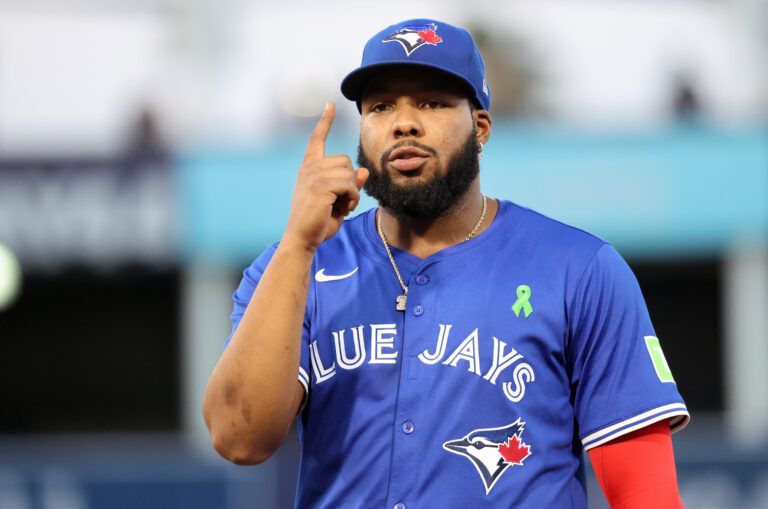 Toronto Blue Jays first base Vladimir Guerrero Jr. (27) points up during the fourth inning against the Tampa Bay Rays at George M. Steinbrenner Field.