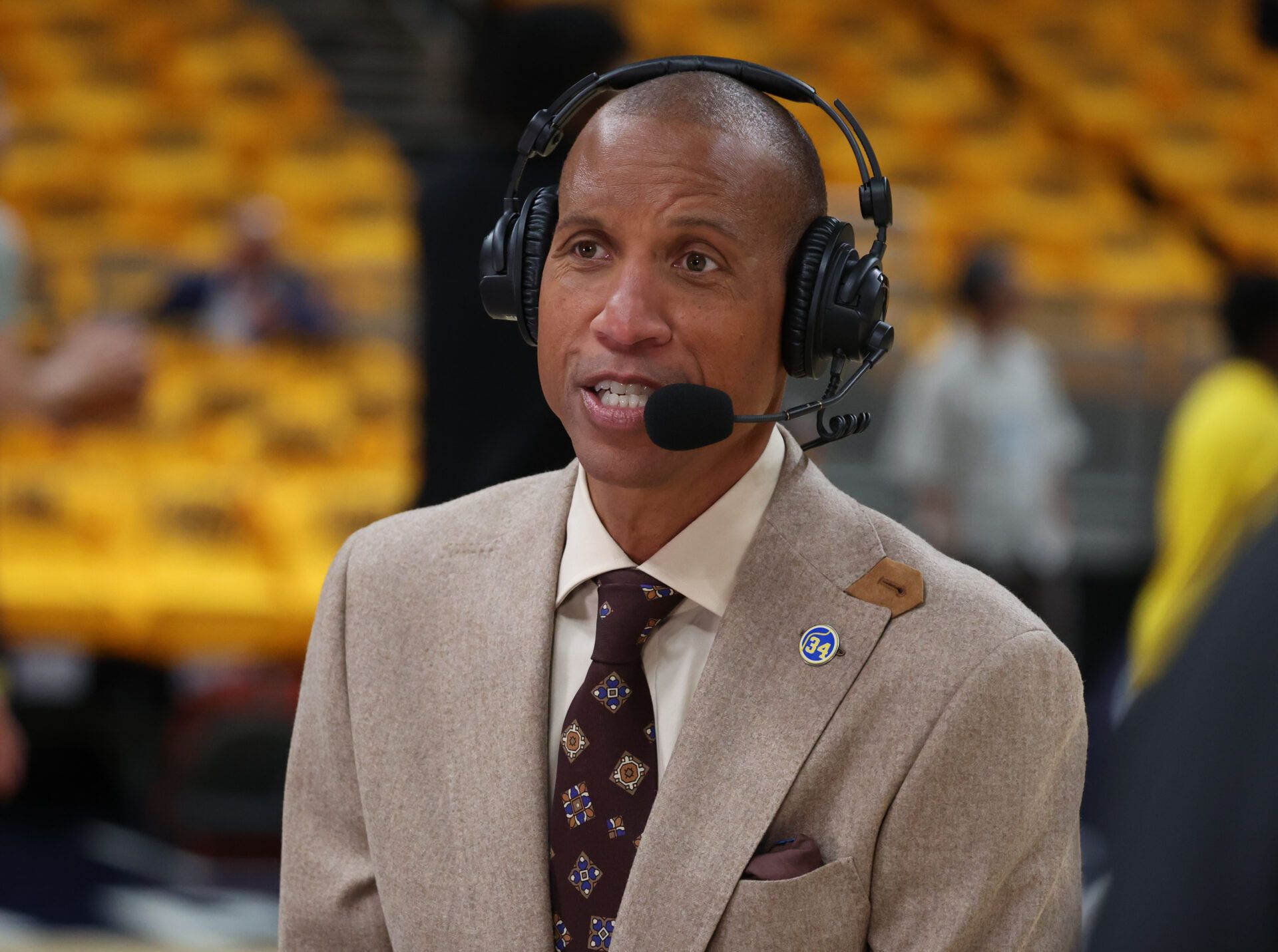 Former Indiana Pacers guard Reggie Miller speaks on a broadcast prior to game three of the eastern conference finals for the 2025 NBA Playoffs at Gainbridge Fieldhouse.