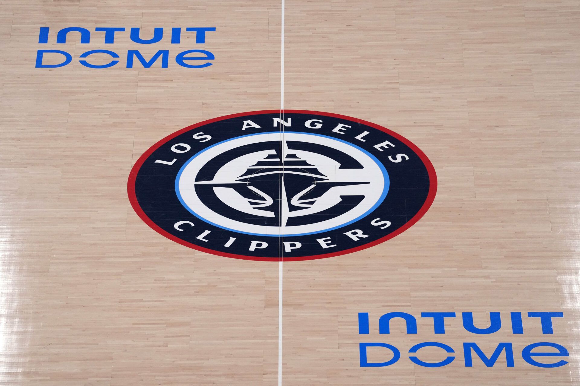 The LA Clippers logo at midcourt during game six of first round for the 2025 NBA Playoffs at Intuit Dome.