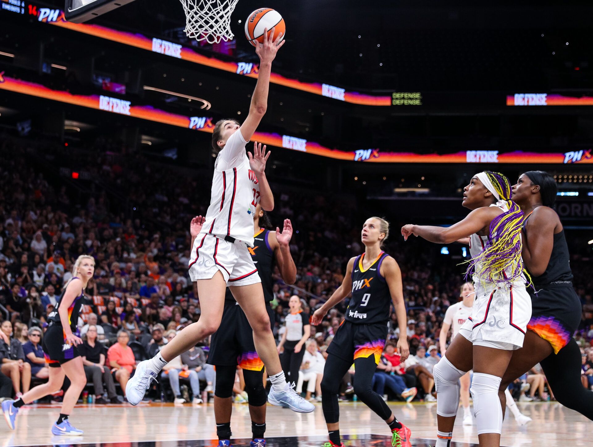 PHOENIX, ARIZONA - MAY 25: Sonia Citron #22 of the Washington Mystics lays up a shot during the second half of a game against the Phoenix Mercury at PHX Arena on May 25, 2025 in Phoenix, Arizona. NOTE TO USER: User expressly acknowledges and agrees that, by downloading and or using this photograph, User is consenting to the terms and conditions of the Getty Images License Agreement. (Photo by Mike Christy/Getty Images)