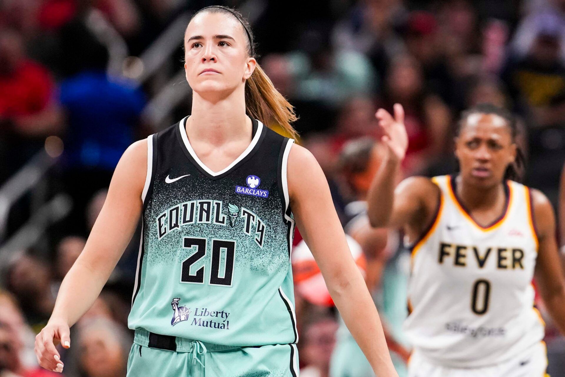 New York Liberty guard Sabrina Ionescu (20) walks back on defense Saturday, May 24, 2025, during a game between the Indiana Fever and the New York Liberty at Gainbridge Fieldhouse in Indianapolis. The New York Liberty defeated the Indiana Fever, 90-88.