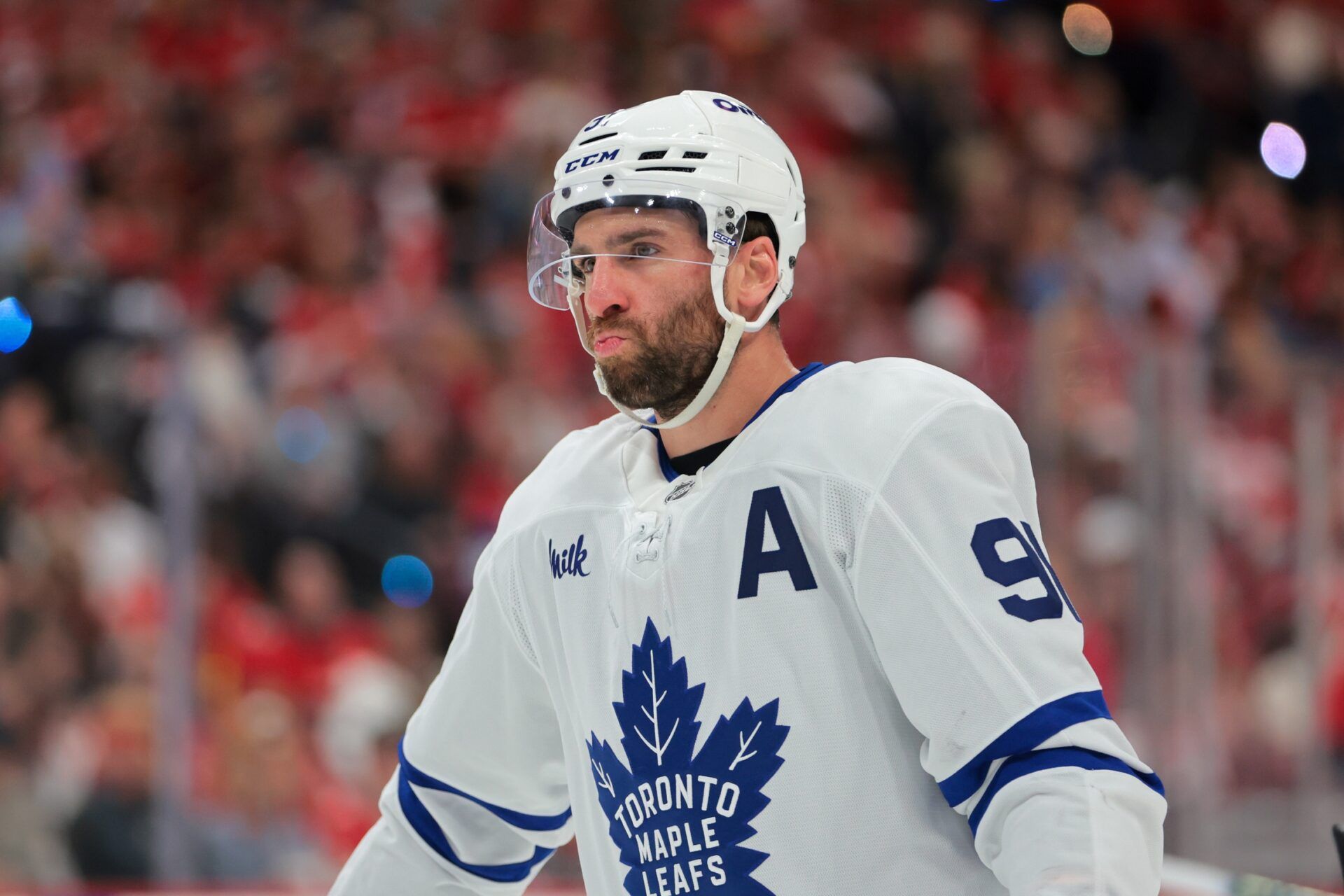 Toronto Maple Leafs center John Tavares (91) looks on against the Florida Panthers during the first period in game six of the second round of the 2025 Stanley Cup Playoffs at Amerant Bank Arena.