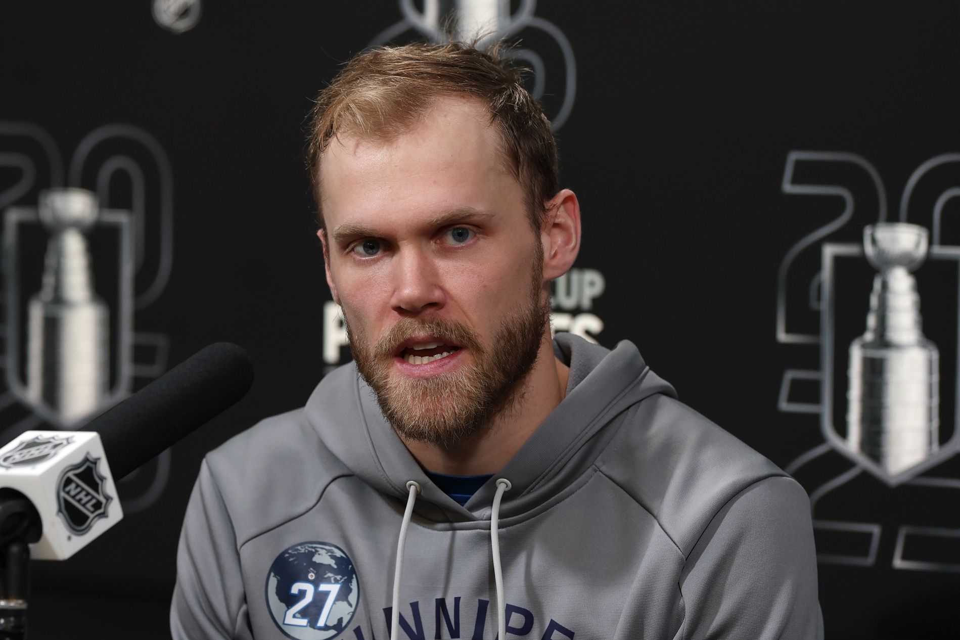 Winnipeg Jets left wing Nikolaj Ehlers (27) talks to media after their victory over the Dallas Stars in game two of the second round of the 2025 Stanley Cup Playoffs at Canada Life Centre.