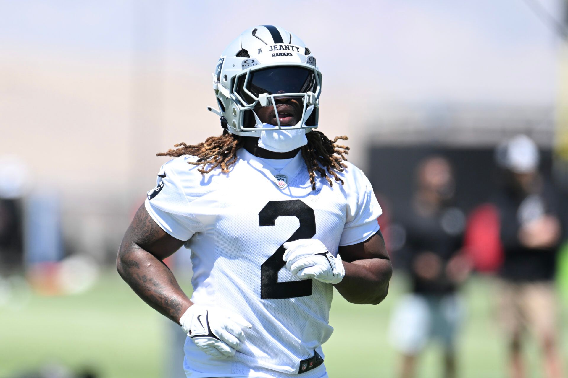 HENDERSON, NEVADA - MAY 09: Ashton Jeanty #2 of the Las Vegas Raiders during a drill at the rookie minicamp at Intermountain Health Performance Center on May 09, 2025 in Henderson, Nevada. (Photo by Candice Ward/Getty Images)