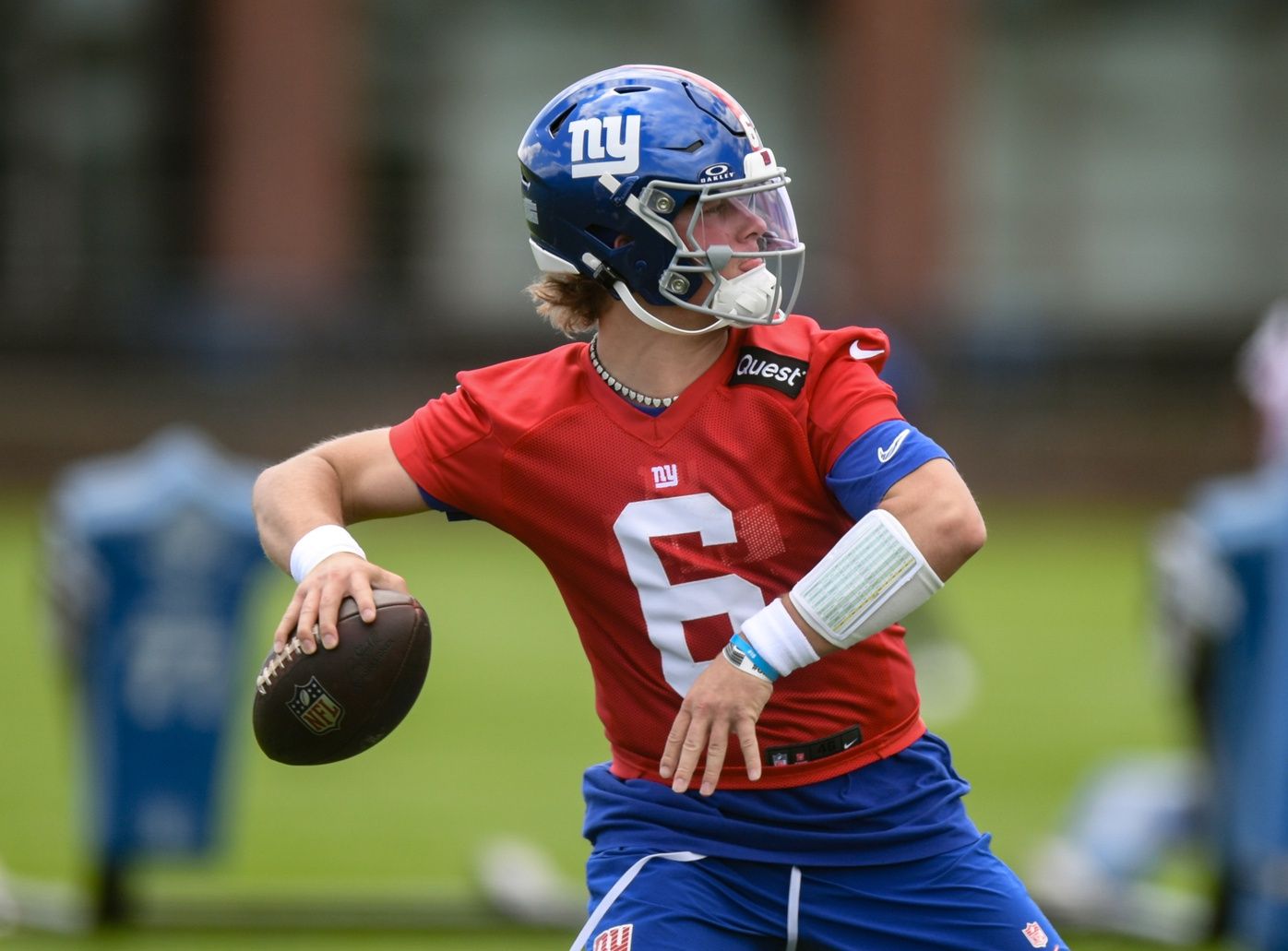 New York Giants quarterback Jaxson Dart (6) throws a pass during rookie minicamp at Quest Diagnostics Training Center.