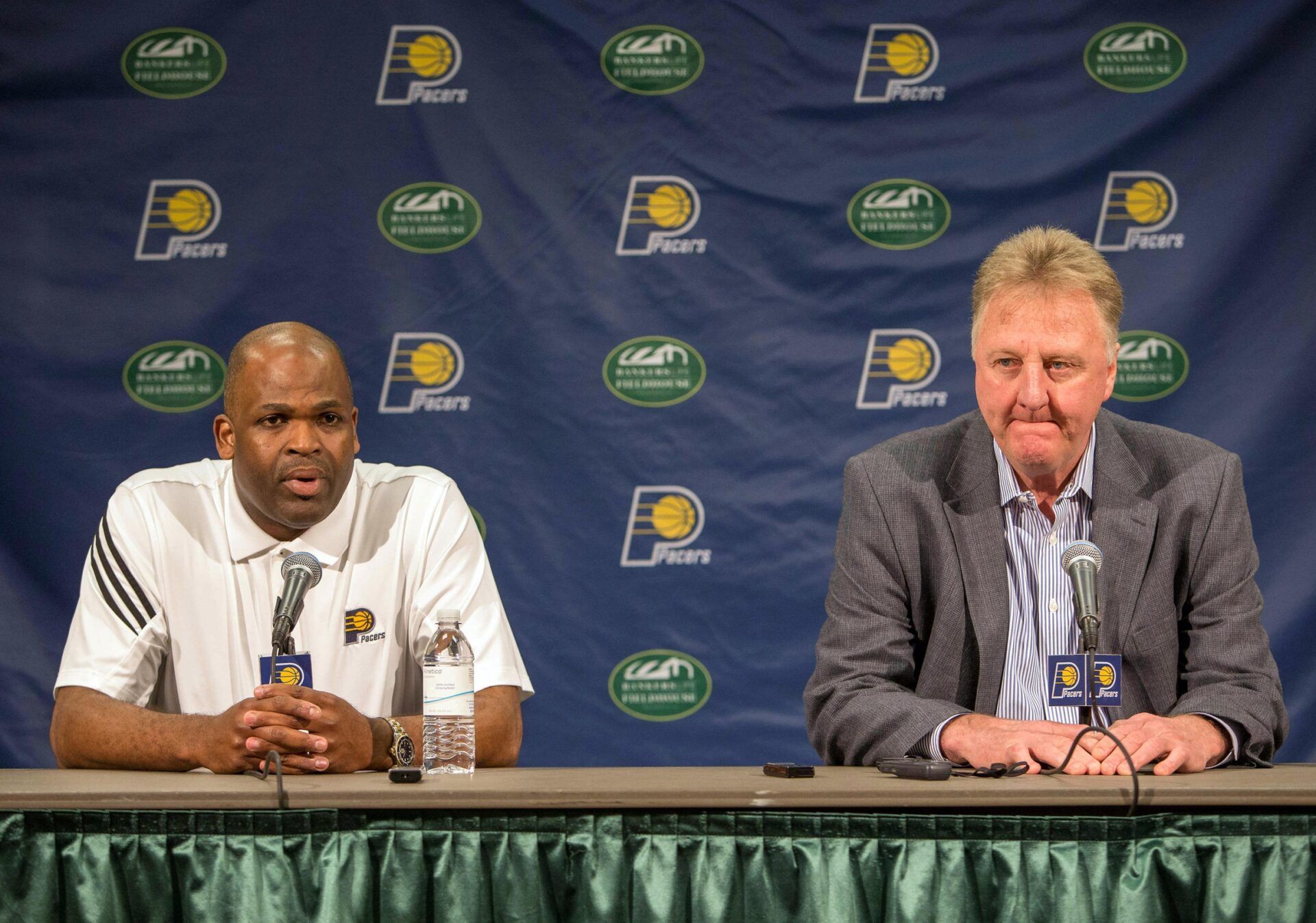 Indiana Pacers president of basketball operations Larry Bird announces Nate McMillan as the new head coach during a press conference at Bankers Life Fieldhouse.