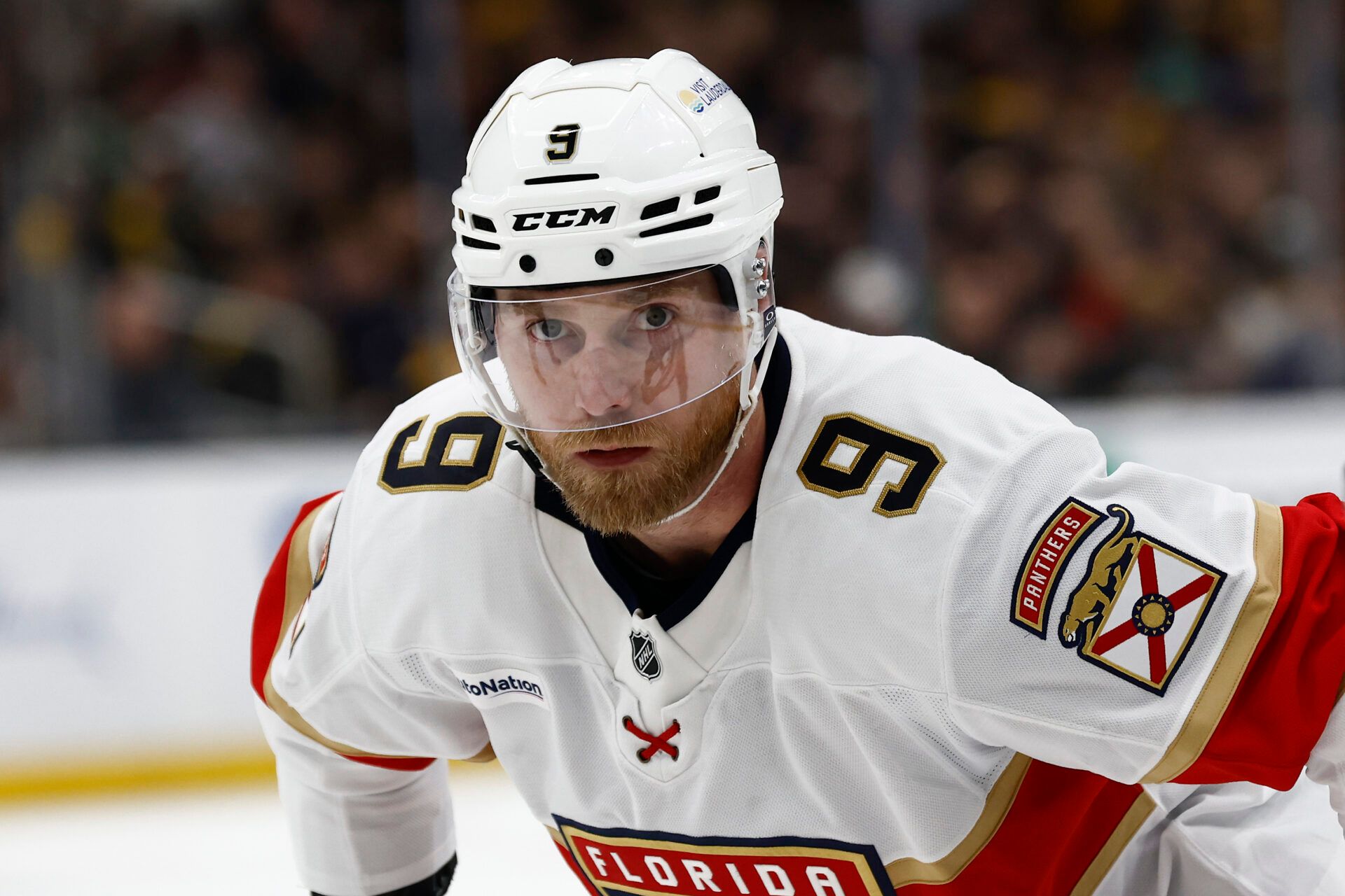 Florida Panthers center Sam Bennett (9) prepares for a face off against the Boston Bruins during the second period at TD Garden.