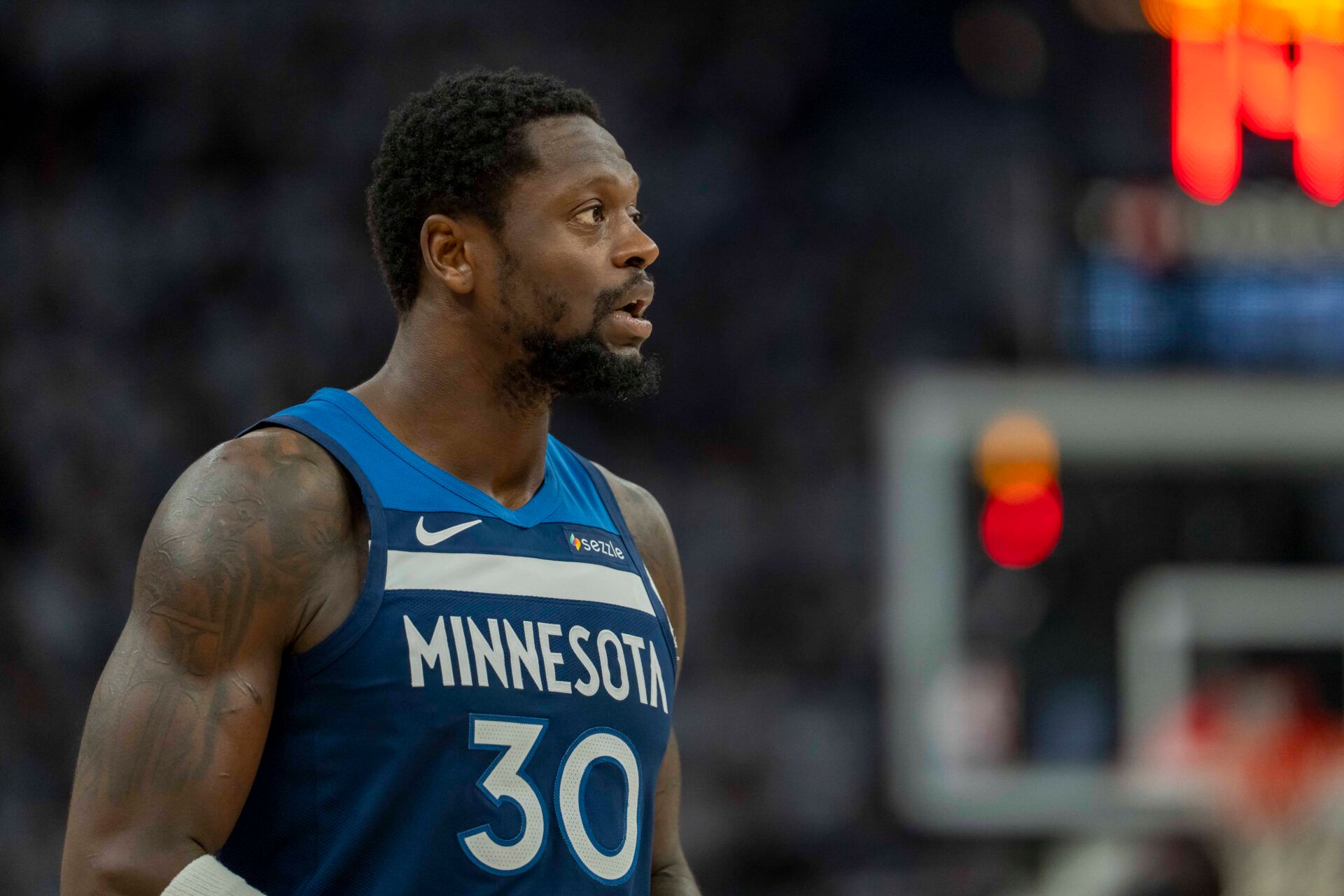Minnesota Timberwolves forward Julius Randle (30) looks on against the Golden State Warriors in the first half during game five of the second round for the 2025 NBA Playoffs at Target Center.