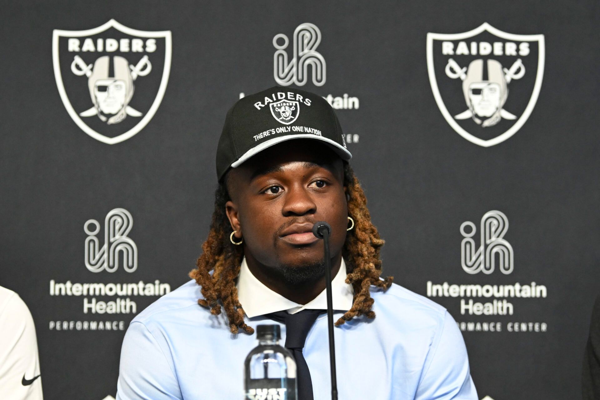 Las Vegas Raiders first round draft pick in the 2025 NFL Draft Ashton Jeanty, speaks to the media at Intermountain Health Performance Center.