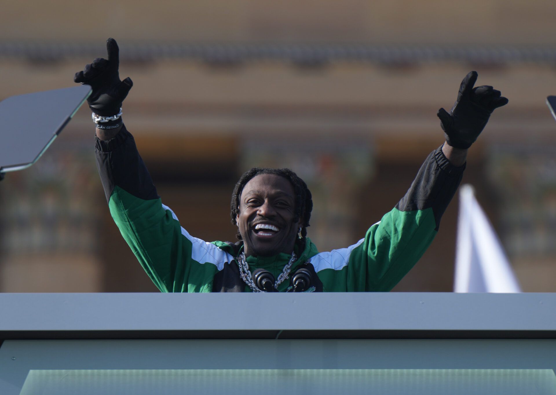 Philadelphia Eagles receiver A.J. Brown addresses the crowd during the Super Bowl LIX championship parade and rally.
