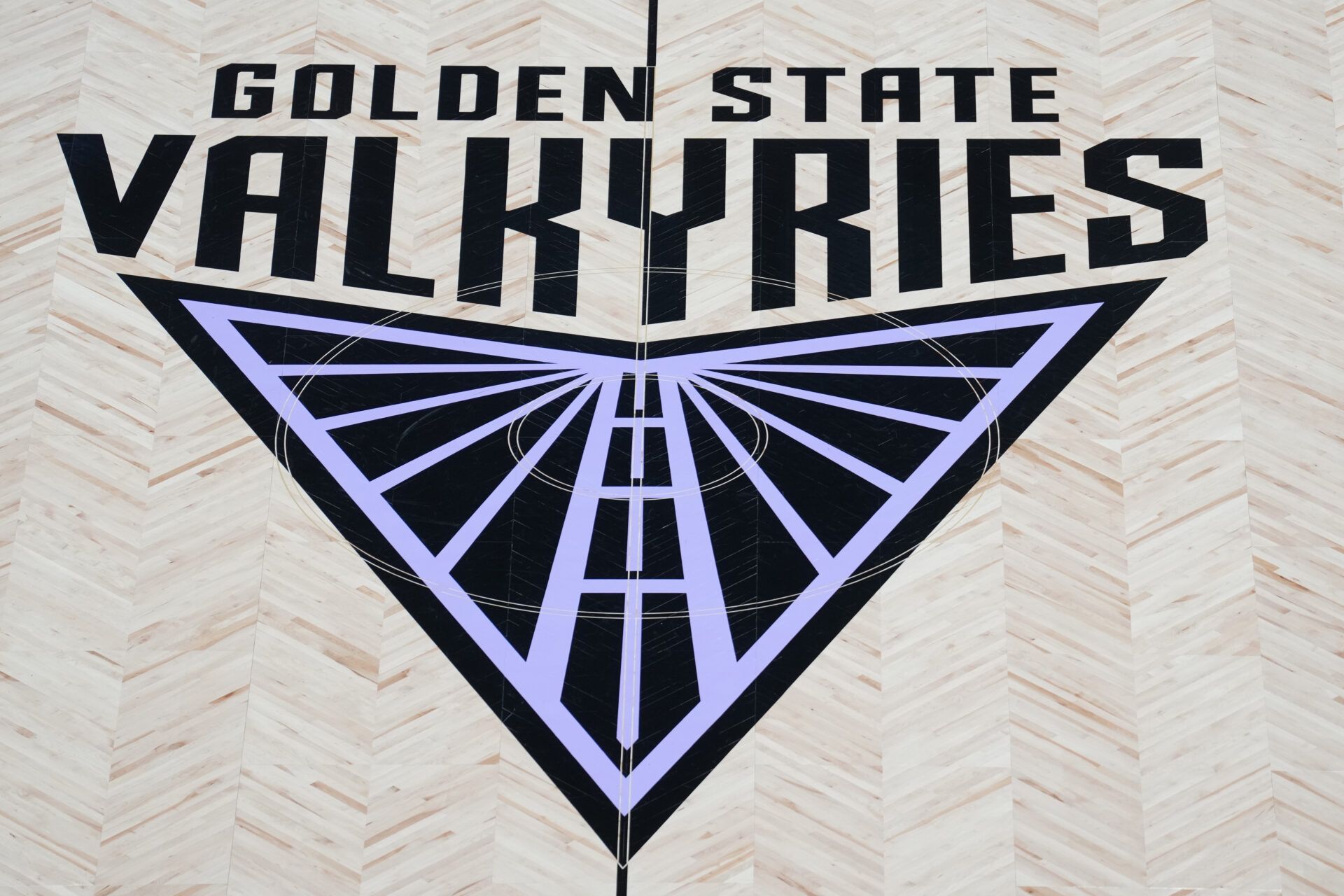 A view of the Golden State Valkyries logo at center court before the game against the Los Angeles Sparks at Chase Center.