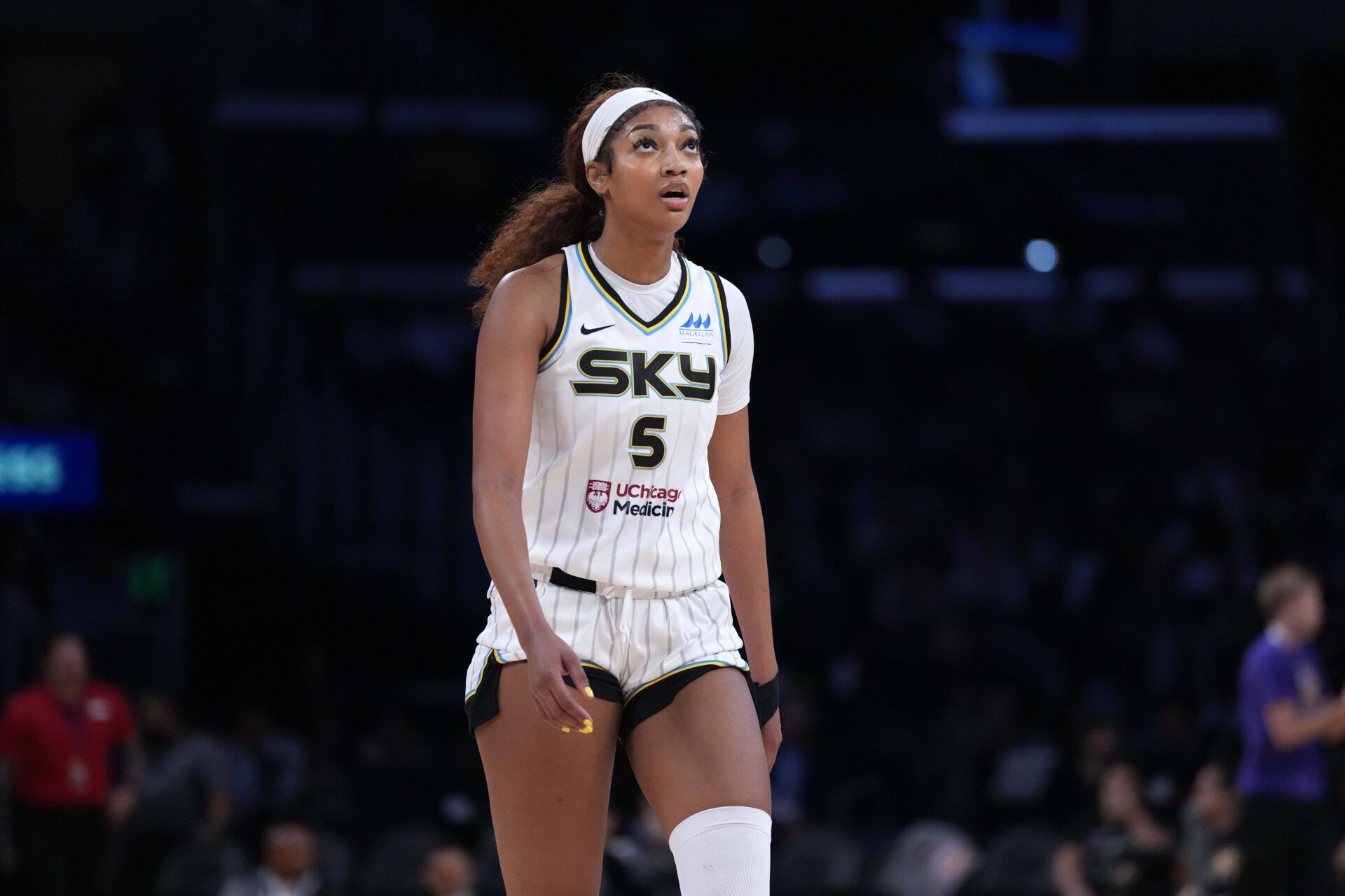 Chicago Sky forward Angel Reese (5) reacts in the second half against the LA Sparks at Crypto.com Arena.