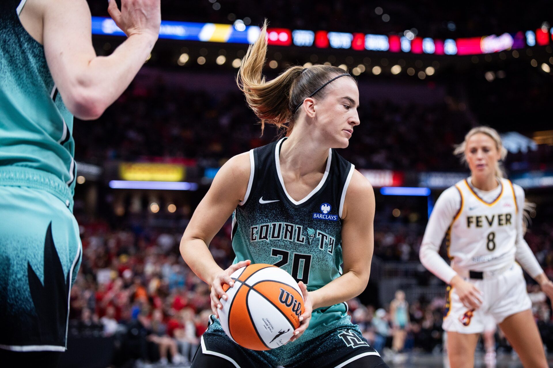 New York Liberty guard Sabrina Ionescu (20) catches the ball in the second half against the Indiana Fever at Gainbridge Fieldhouse.